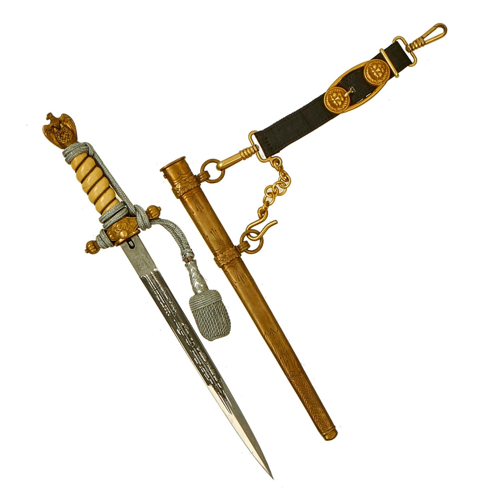 Buy Original WWII German 2nd Model Naval Dagger by Carl Eickhorn with Scabbard, Upper Hanger & Portepee | Original Firearms Antique For Sale