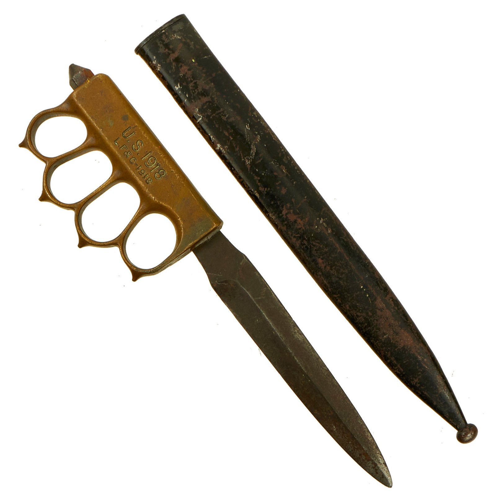 Buy Original U.S. WWI/WWII Model 1918 Mark 1 Trench Knife “Paratrooper” Modified with WWII German Steel Scabbard | Original Firearms Antique For Sale