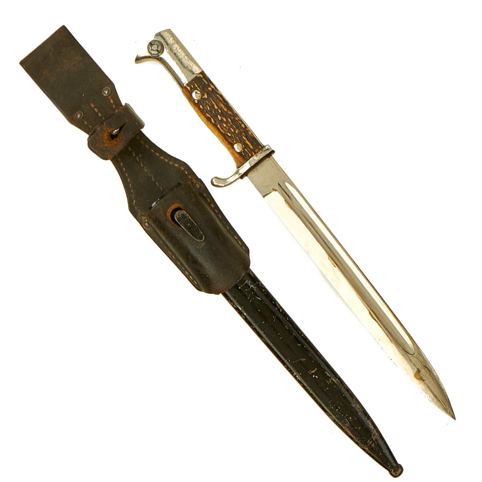 Buy Original German WWII Heer Stag Grip 98k Long Dress Bayonet by Ernst Pack & Söhne with Stag Grips & Frog | Original Firearms Antique For Sale