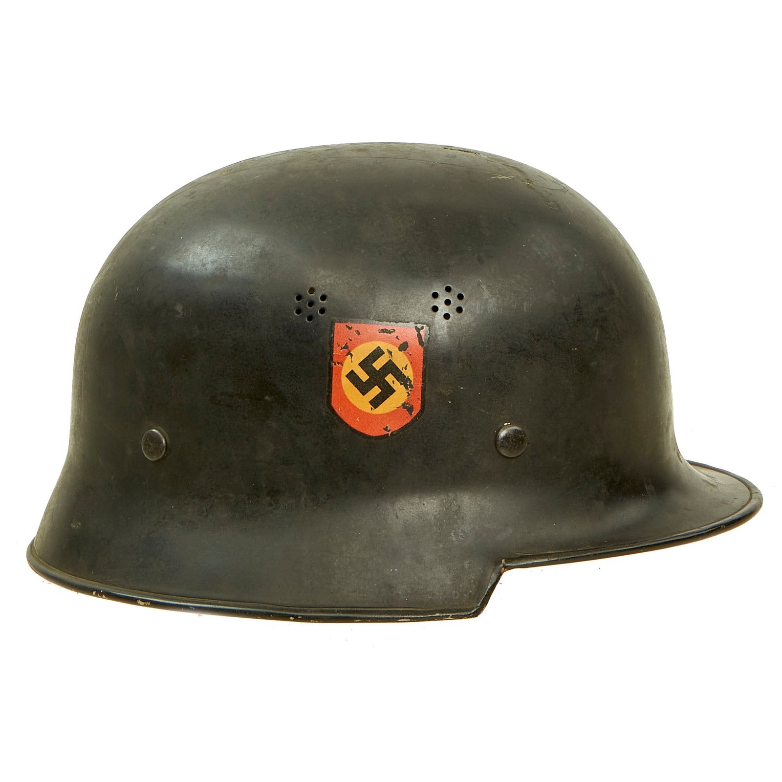 Buy Original German WWII M34 Square Dip Aluminum Fire Police Helmet with Double Decals - Feuerwehr Helmet | Original Firearms Antique For Sale