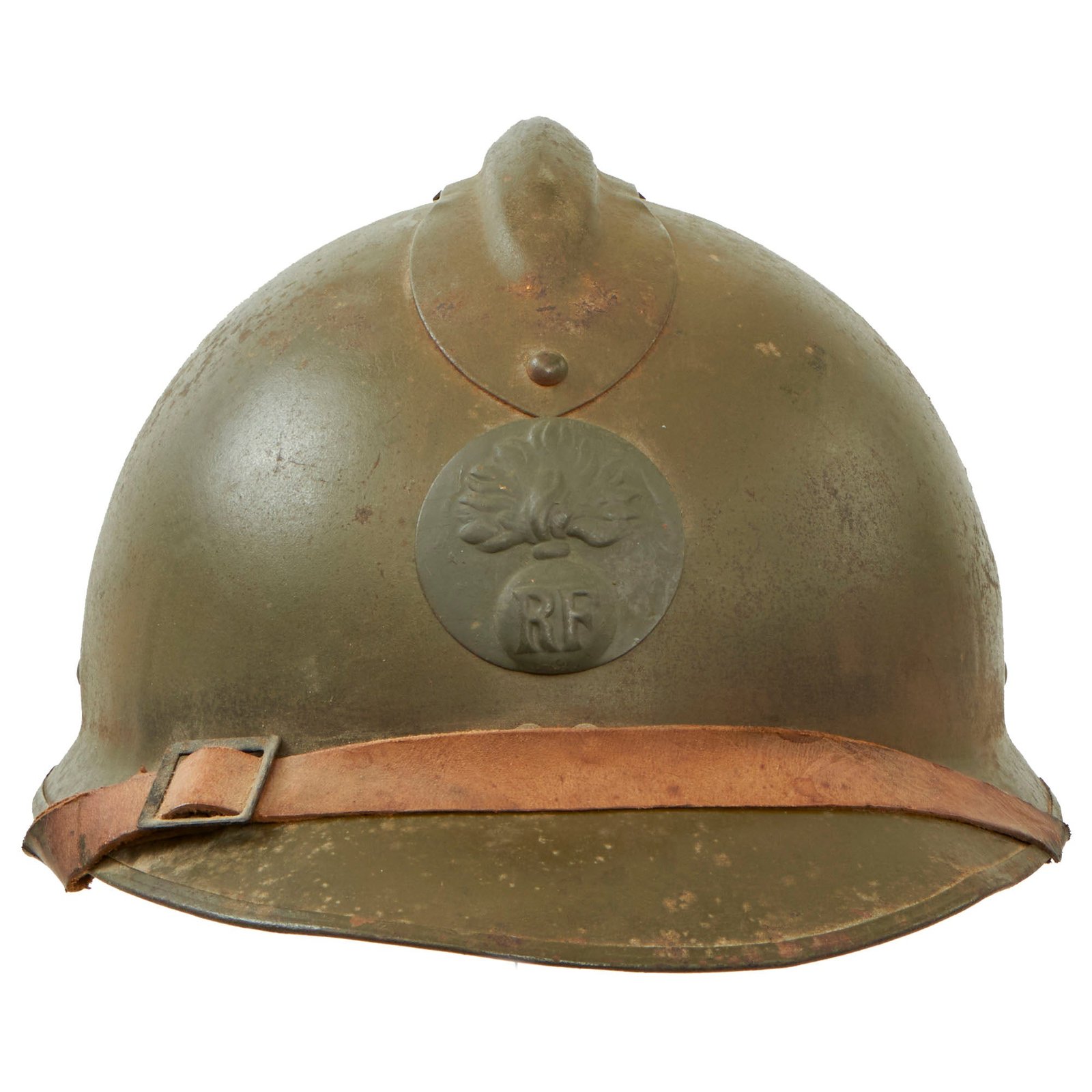 Buy Original French WWII Model 1926 Adrian Infantry Helmet with Liner & Chinstrap - Olive Green | Original Firearms Antique For Sale