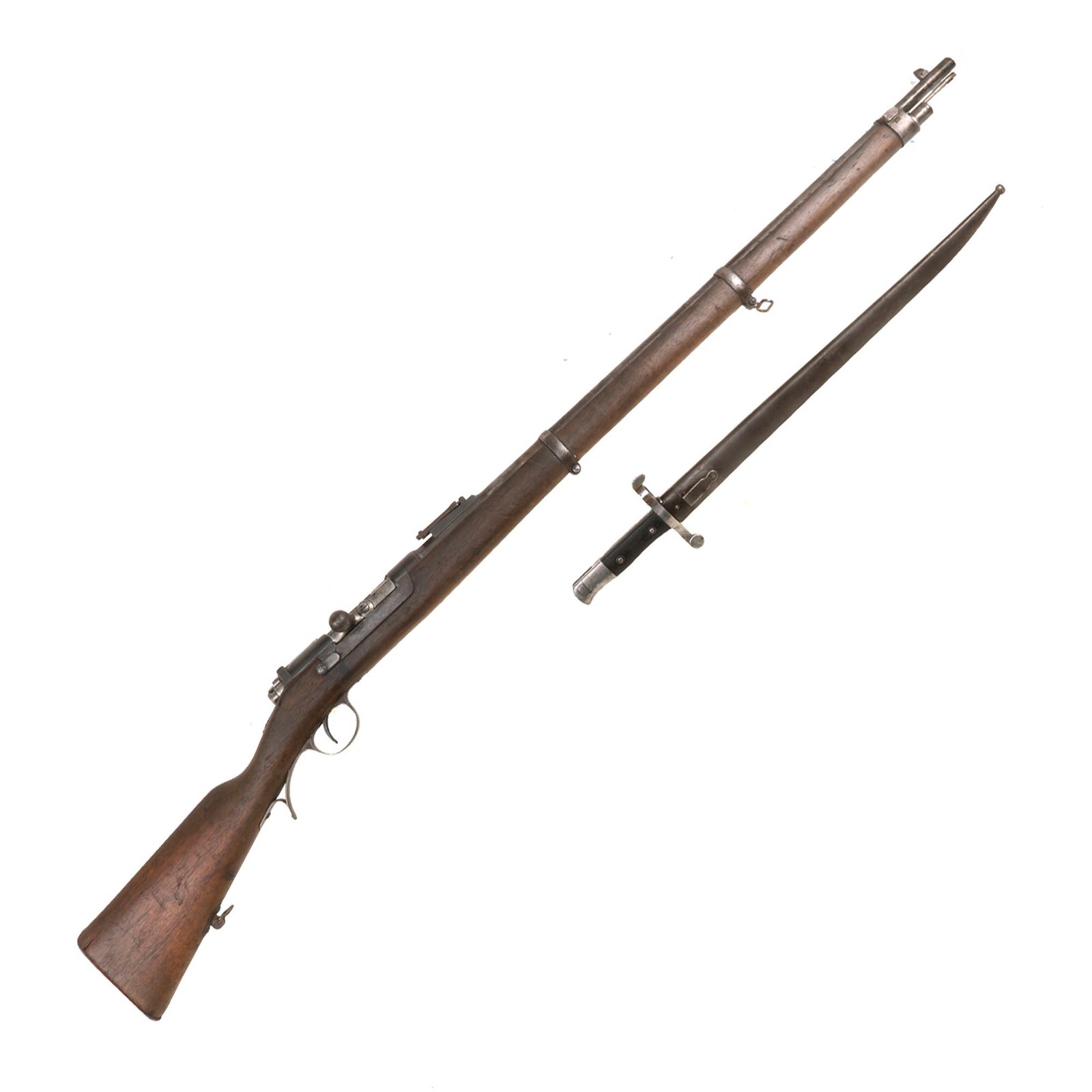 Buy Original Portuguese Kropatschek M.1886/89 Colonial Infantry Rifle by ŒWG Steyr Serial JJ157 Dated 1886 with Bayonet & Scabbard - Missing Handguard | Original Firearms Antique For Sale