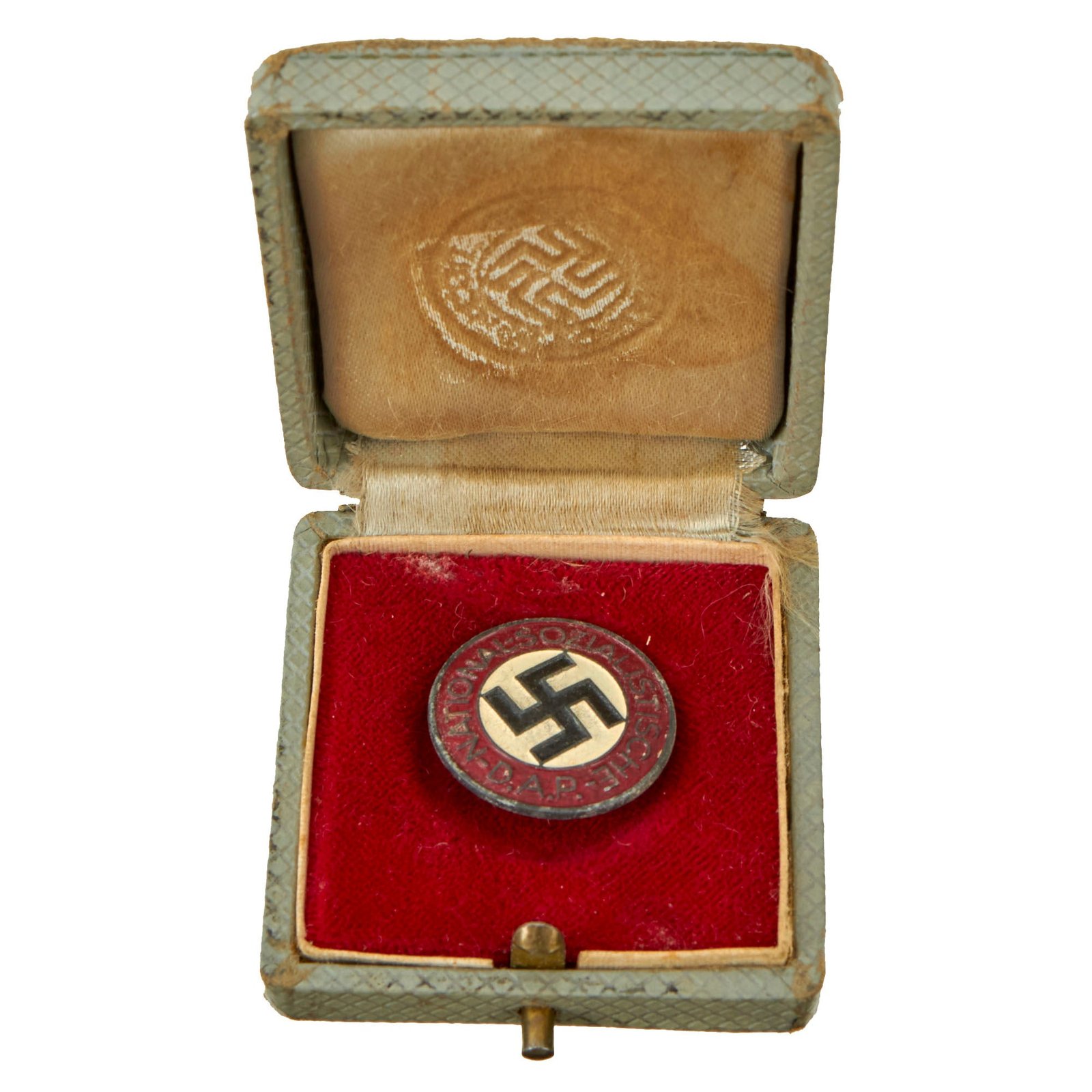 Buy Original German WWII NSDAP Party Painted Membership Badge by Karl Wurster in Rare Issue Case - RZM M1/34 | Original Firearms Antique For Sale
