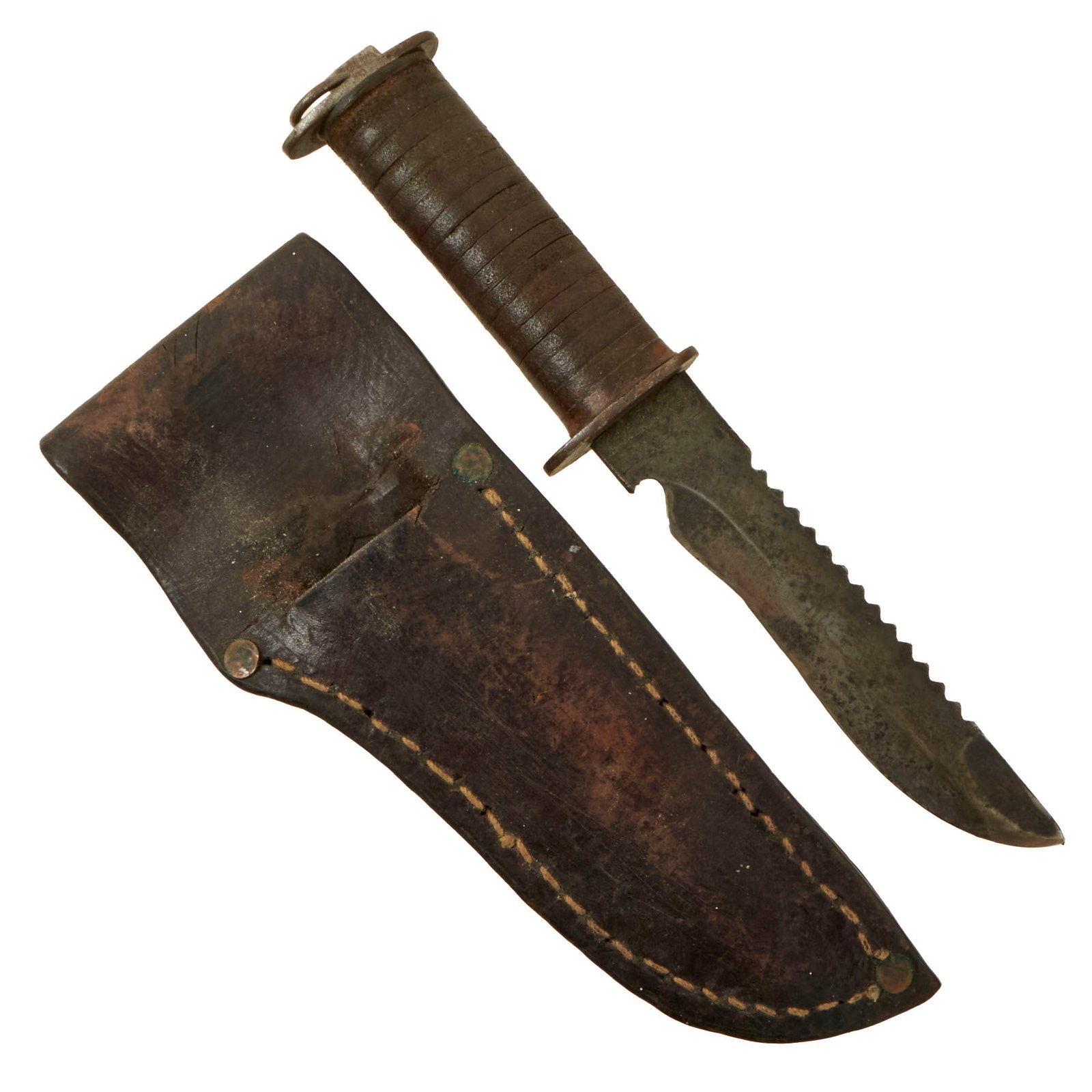 Buy Original WWII Large EG Waterman EGW Stacked Leather Grip Fighting Knife with Custom Sheath | Original Firearms Antique For Sale