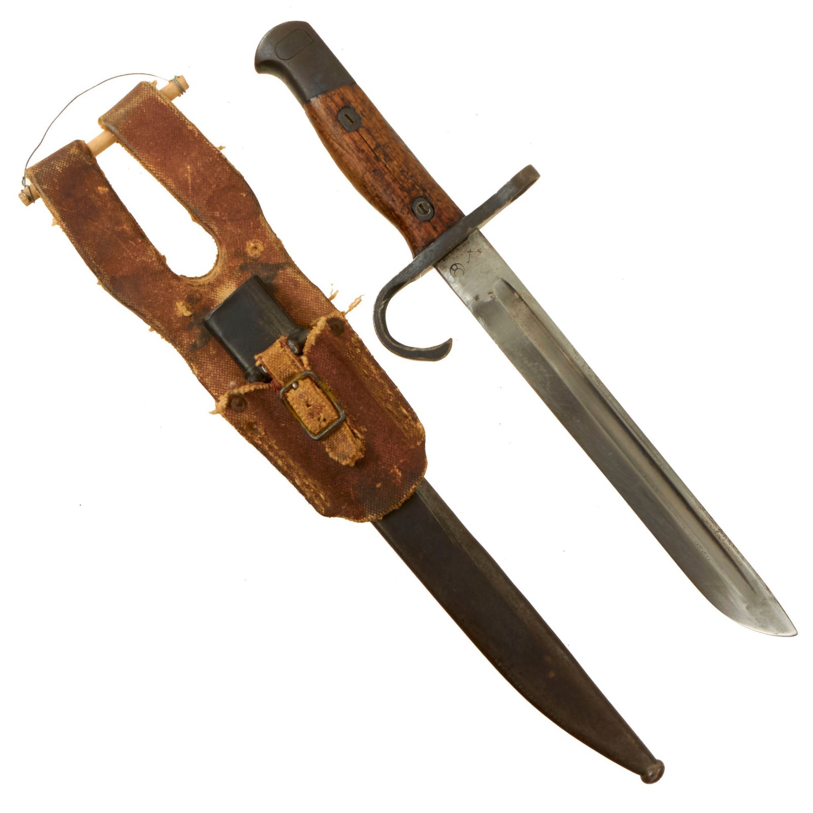 Buy Original Japanese WWII Early Arisaka Type 30 Hooked Quillon Bayonet by Toyoda Turned Fighting Knife with Scabbard & Rubberized Canvas Frog | Original Firearms Antique For Sale