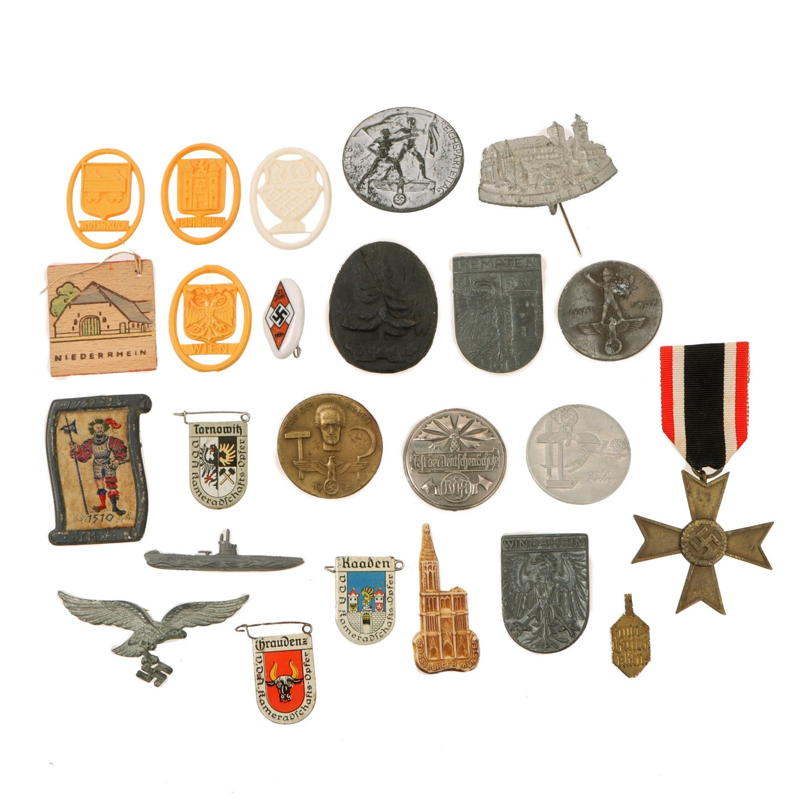 Original German WWII Award, Insignia and Tinnie Grouping with KVKII, Luftwaffe Cap Eagle, and more! - 24 Items
