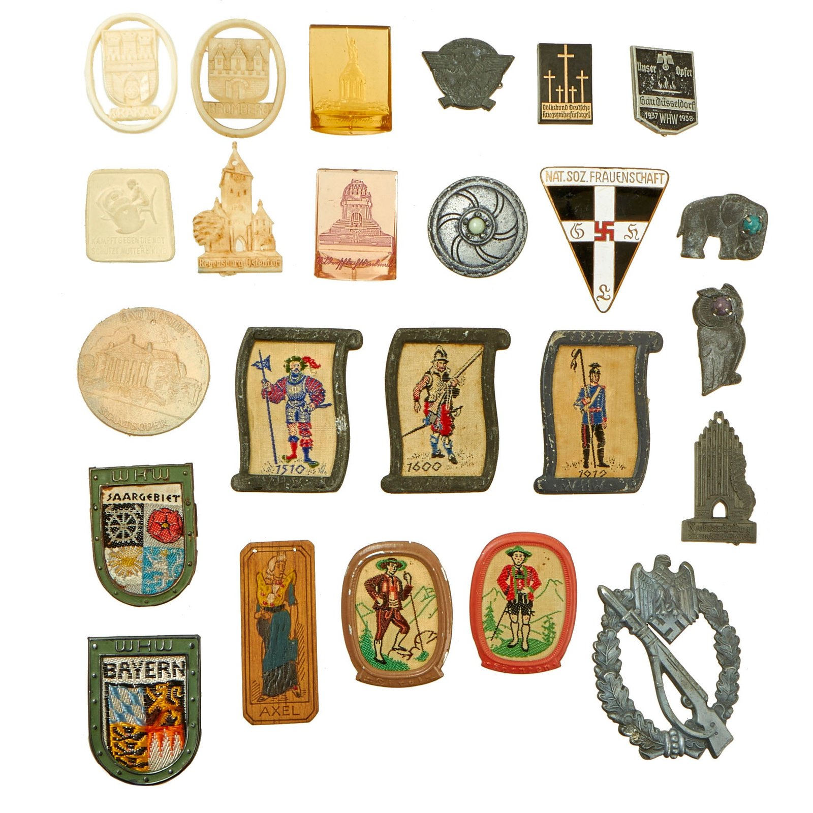 Buy Original German WWII Medal and Tinnie Pin Lot Featuring Infantry Assault Badge & Women's Org. Badge - 24 Items | Original Firearms Antique For Sale