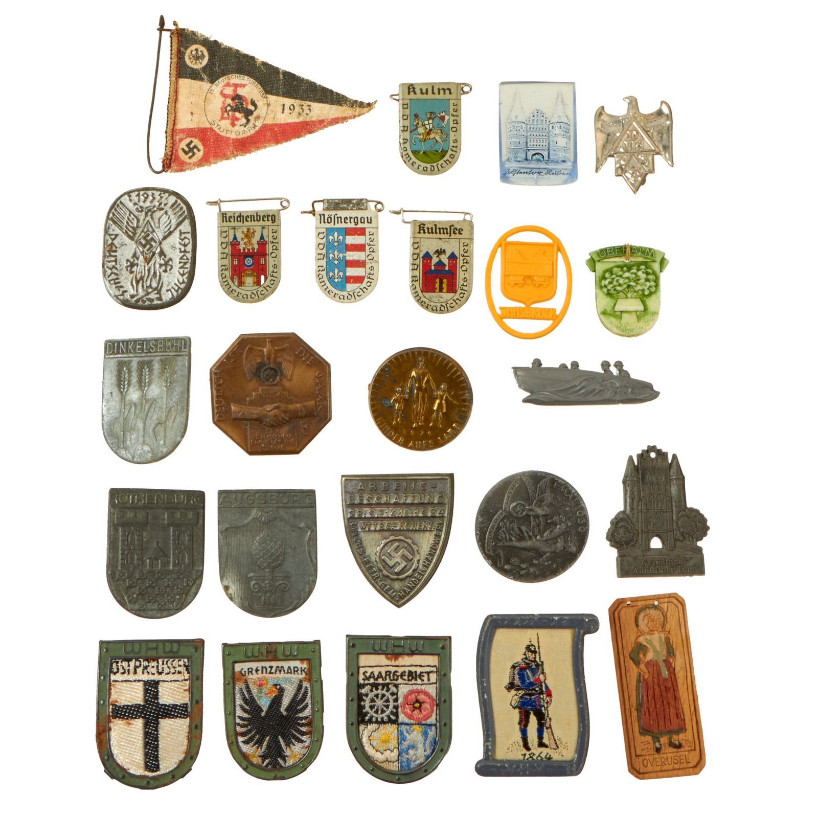 Buy Original German 1933-1939 Pre-WWII Large Tinnie Event Badge Grouping -  24 Items | Original Firearms Antique For Sale