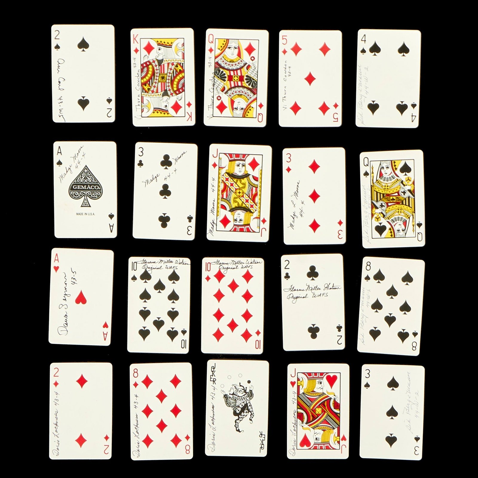 Buy Original U.S. WWII Women Air Force Service Pilots Signed Playing Cards - 20 Cards, 7 Pilots - WASP | Original Firearms Antique For Sale