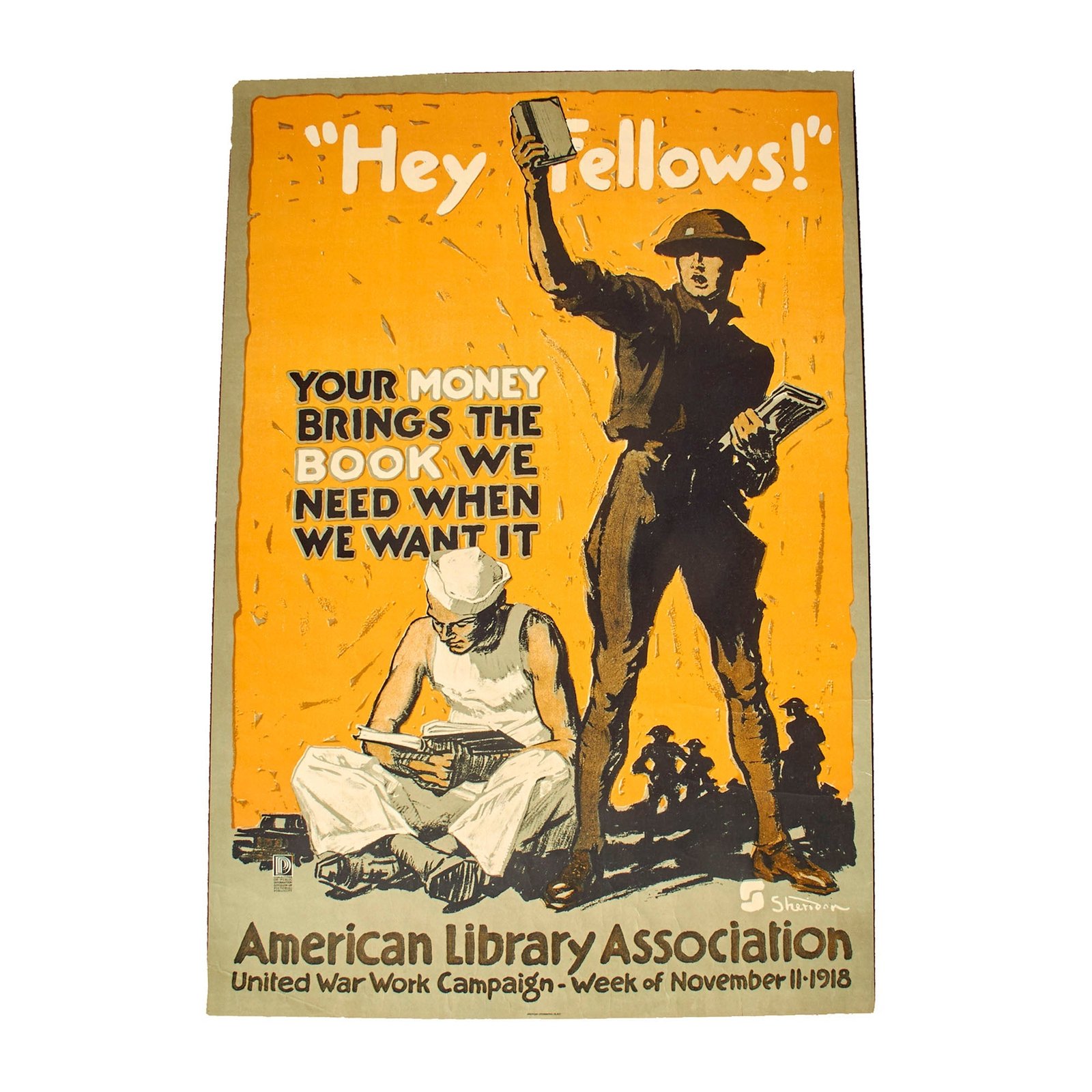 Buy Original U.S. Post WWI United War Work Campaign “Hey Fellows!” American Library Association Fundraising Poster - 20” x 30” | Original Firearms Antique For Sale