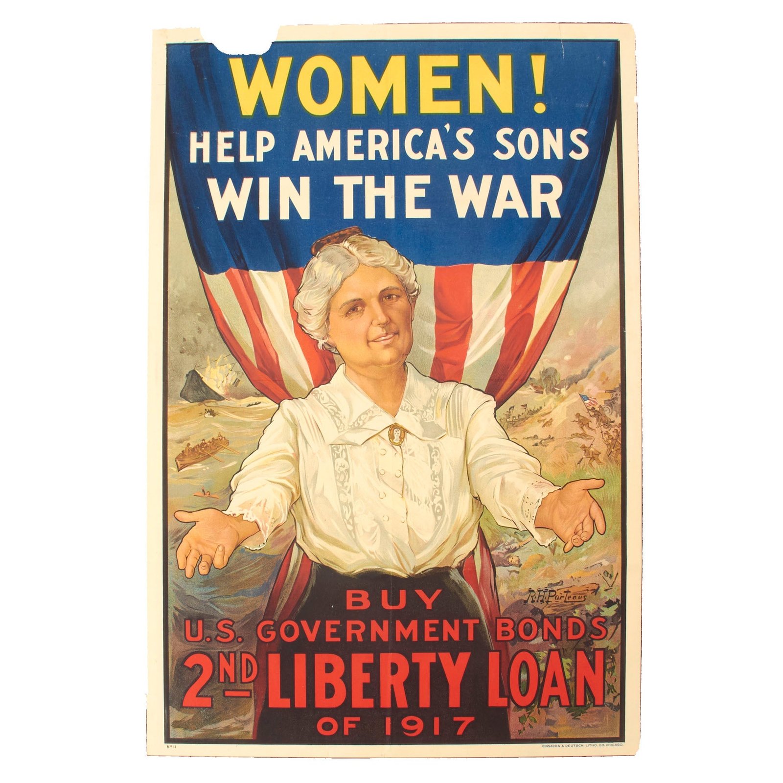 Buy Original U.S. WWI Second Liberty Loan of 1917 “Women! Help America’s Sons Win The War” Poster With Artwork By R.H. Proteous - 20” x 30” | Original Firearms Antique For Sale