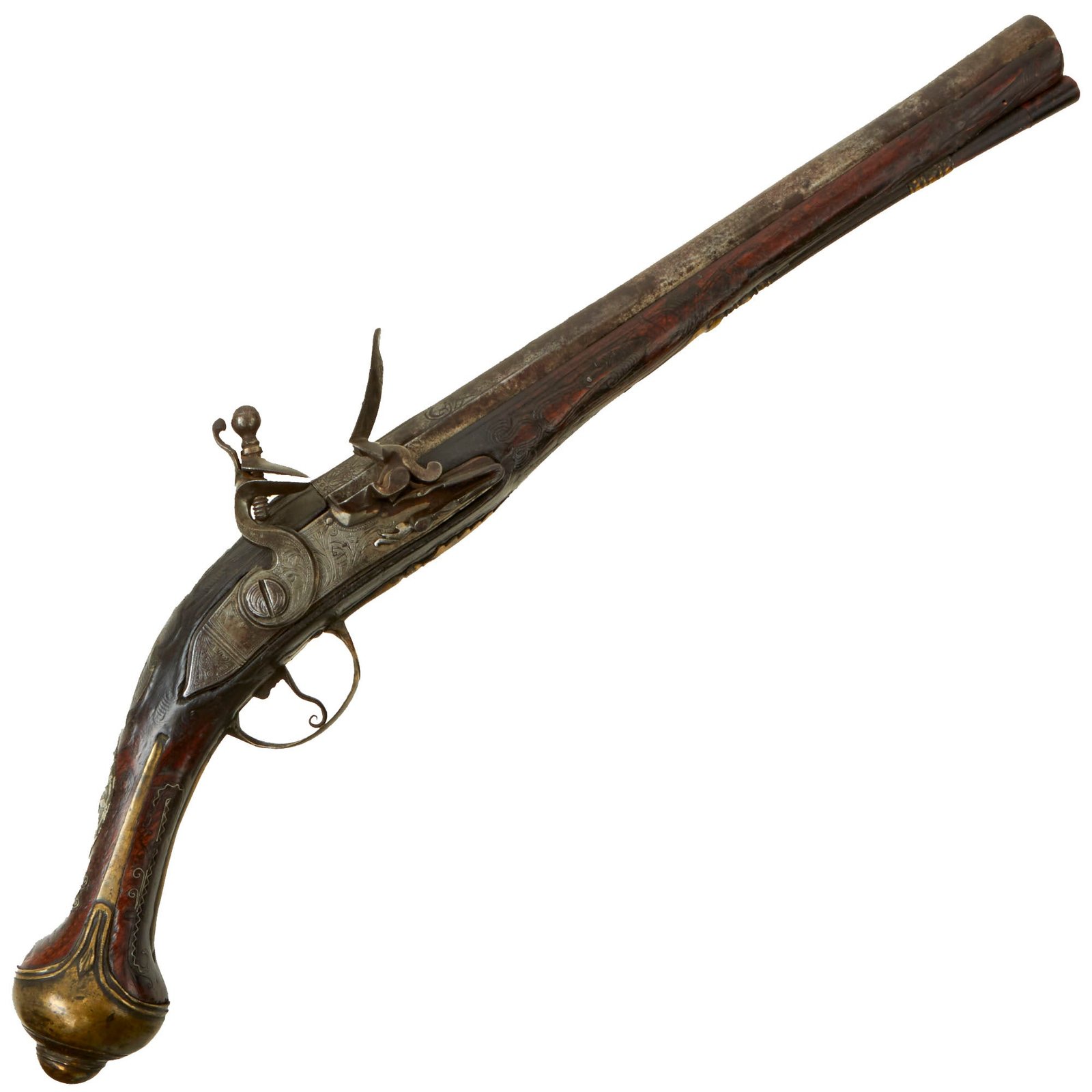 Buy Original 19th Century Ottoman Kurdish Flintlock Holster Pistol with Wire Inlay and Carved Stock - Circa 1810 | Original Firearms Antique For Sale