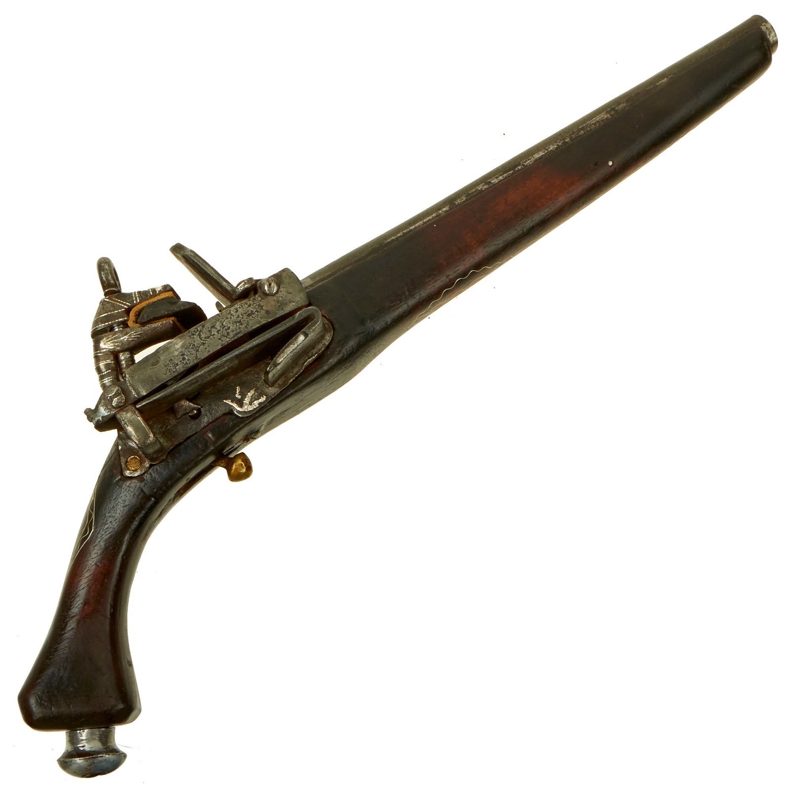 Buy Original 19th Century Ottoman Empire Silver Inlaid Miquelet Flintlock Pistol with Ball Trigger - circa 1850 | Original Firearms Antique For Sale