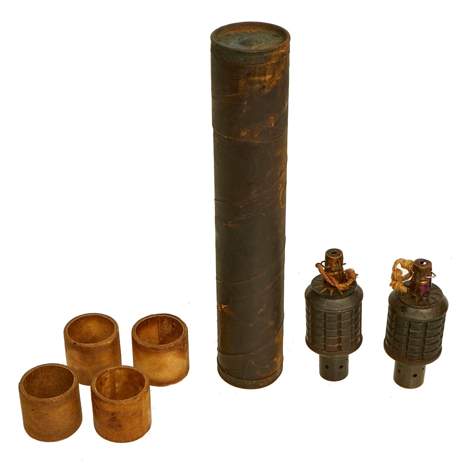 Buy Original Japanese WWII Inert Type 91 Hand Fragmentation Grenades with Boosters and Original Cardboard Tube; Dated 1938 and 1941 - Inert | Original Firearms Antique For Sale