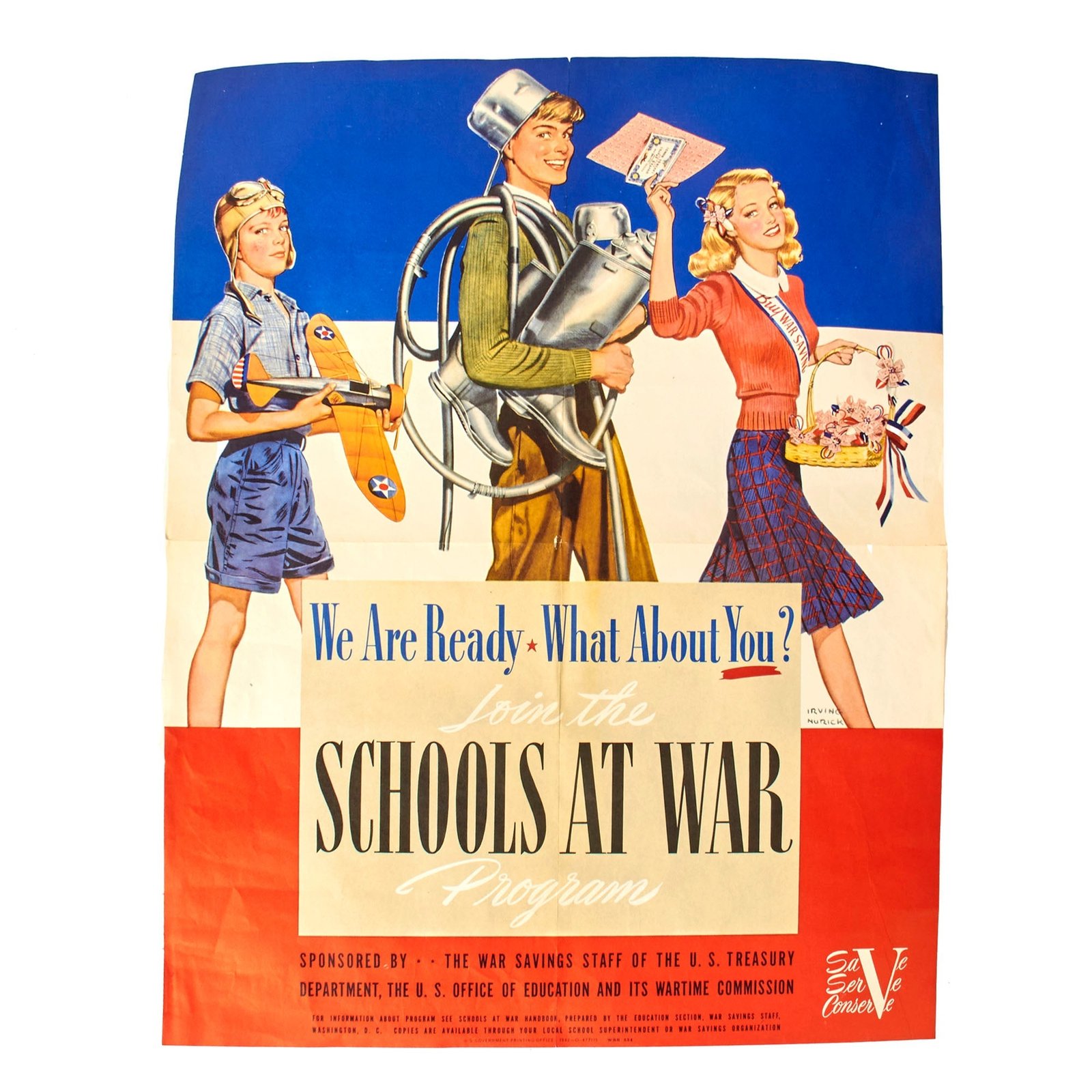 Buy Original U.S. WWII Schools at War Program with artwork by Irving Nurick - 22” x 28” | Original Firearms Antique For Sale