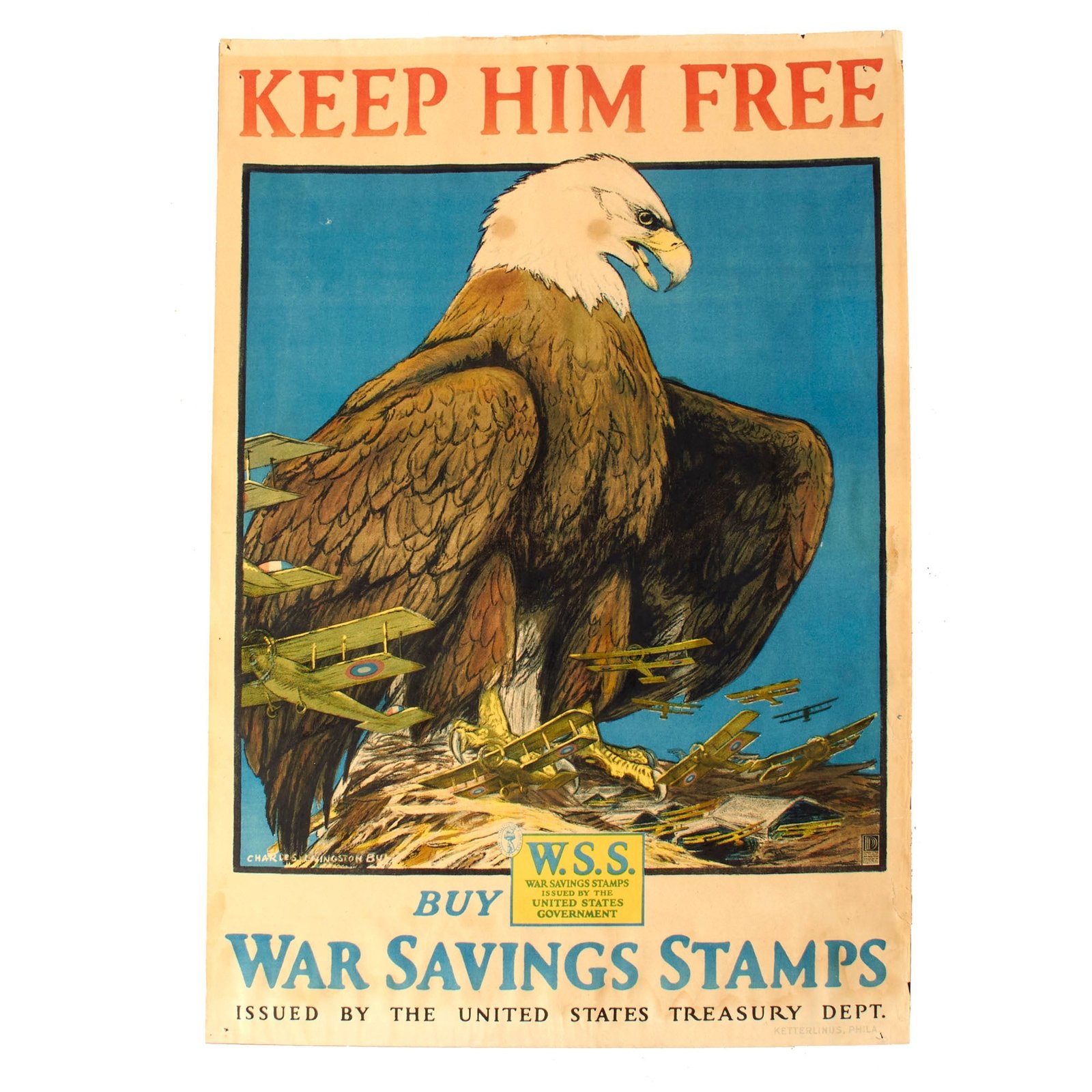Buy Original U.S. WWI War Savings Stamps Propaganda Poster “Keep Him Free” With Artwork By Charles Livingston Bull - 20” x 30” | Original Firearms Antique For Sale