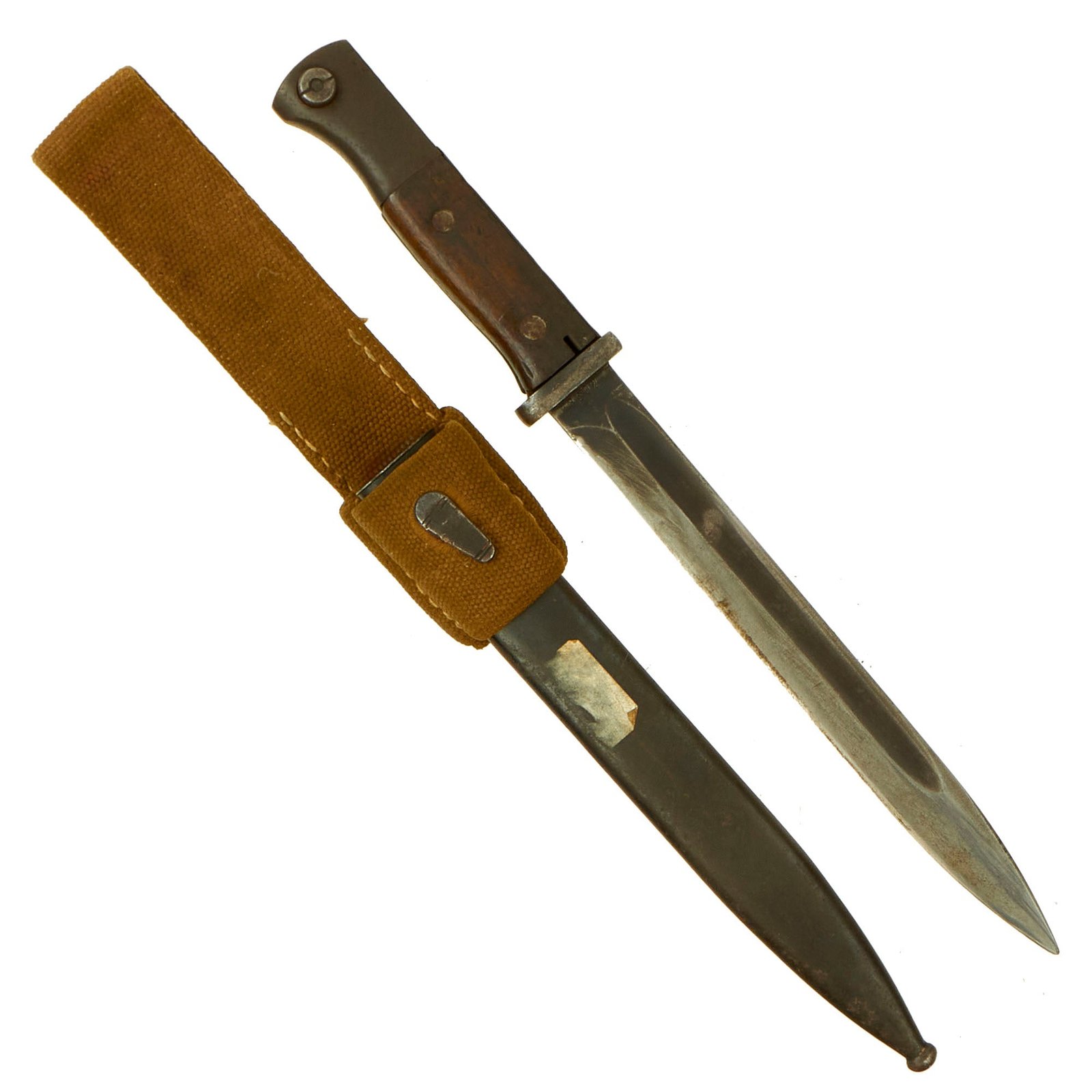 Buy Original German Pre-WWII 98k 1935 dated Bayonet by F. Herder with Scabbard & Afrika Korps Canvas Frog | Original Firearms Antique For Sale