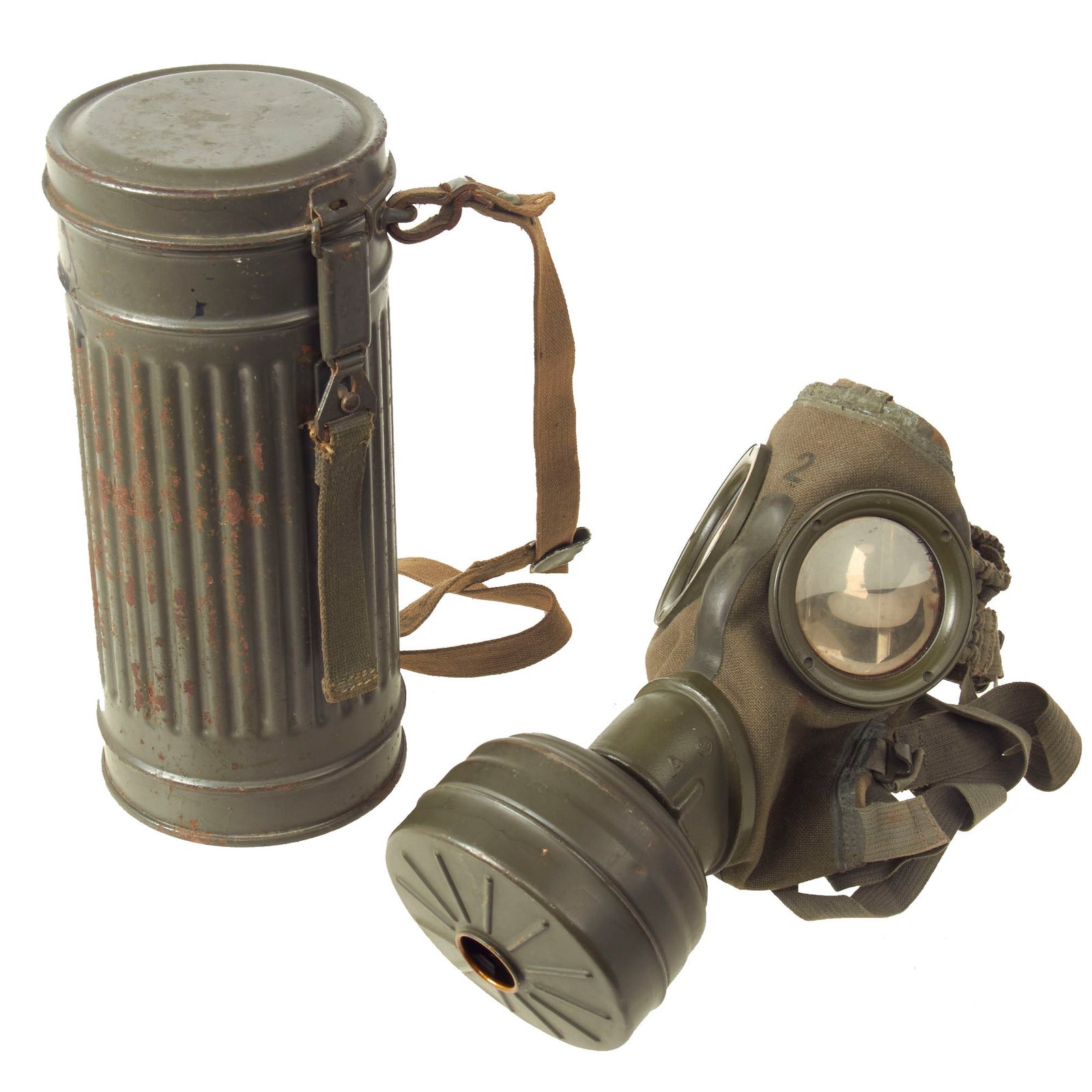 Buy Original German WWII Named M30 3rd Model Size 2 Gas Mask by Draeger with Fe 41 Filter, Canister and Accessories - Dated 1939 | Original Firearms Antique For Sale