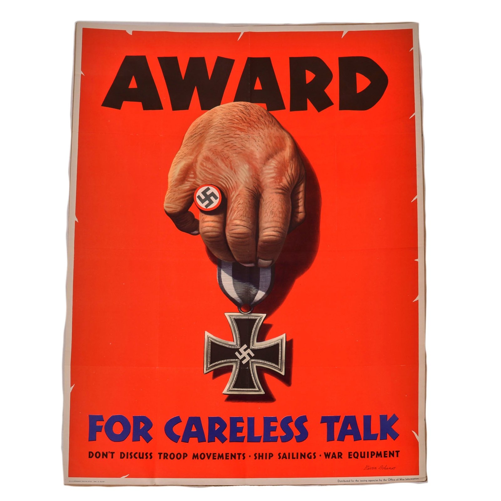 Buy Original U.S. WWII National Security "Award for Careless Talk" Propaganda Poster - 28 ¼” x 37” | Original Firearms Antique For Sale