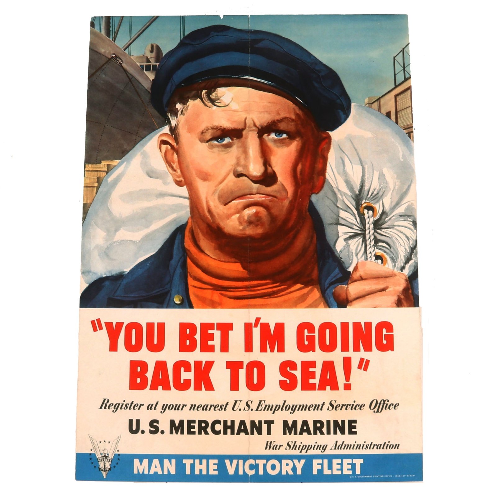 Buy Original U.S. WWII US Merchant Marine “You Bet I’m Going Back To Sea” Recruitment Poster - 20” x 14” | Original Firearms Antique For Sale
