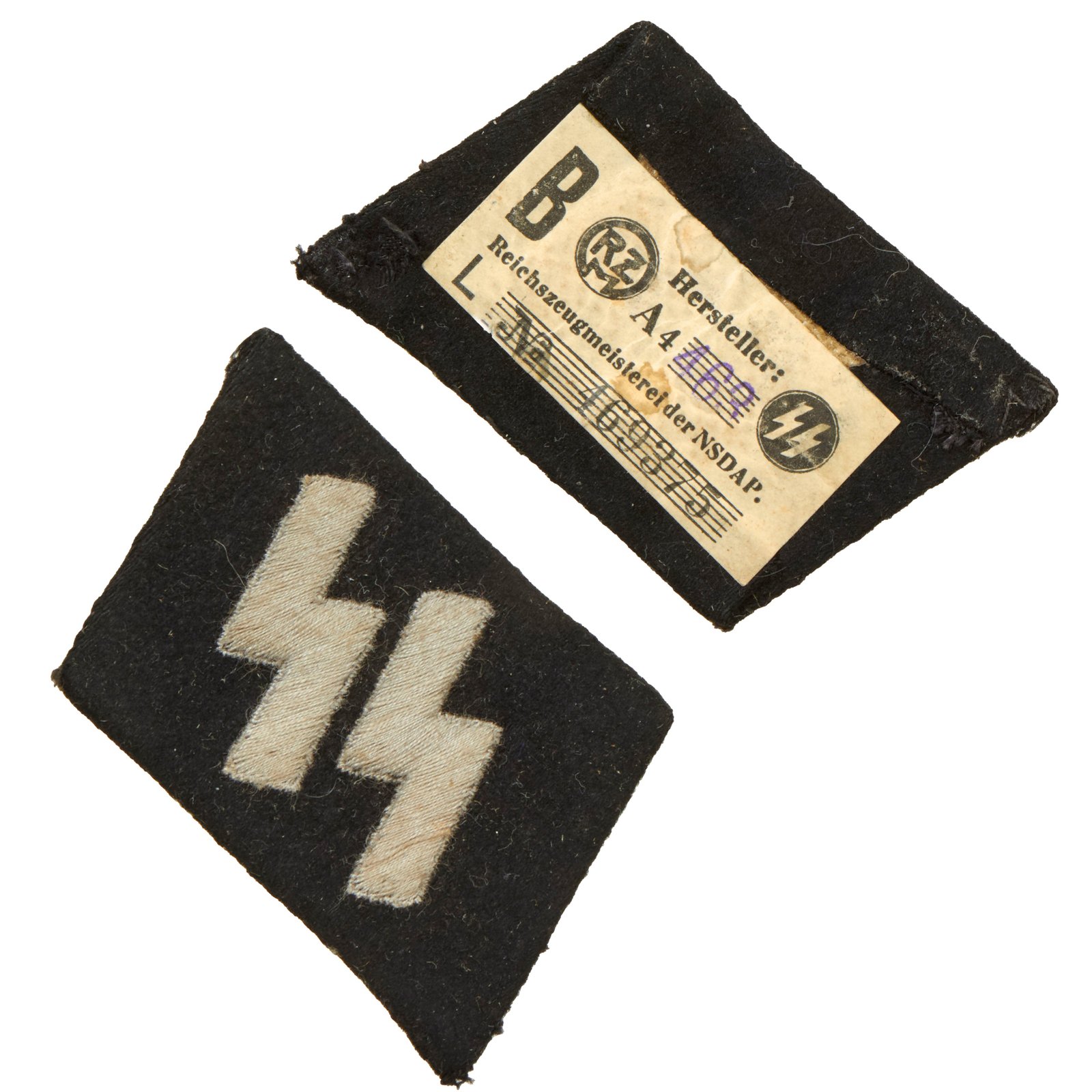 Buy Original German WWII SS EM/NCO Double Sig Rune Right Side Collar Tab with SS RZM Tag - Schutzstaffel | Original Firearms Antique For Sale