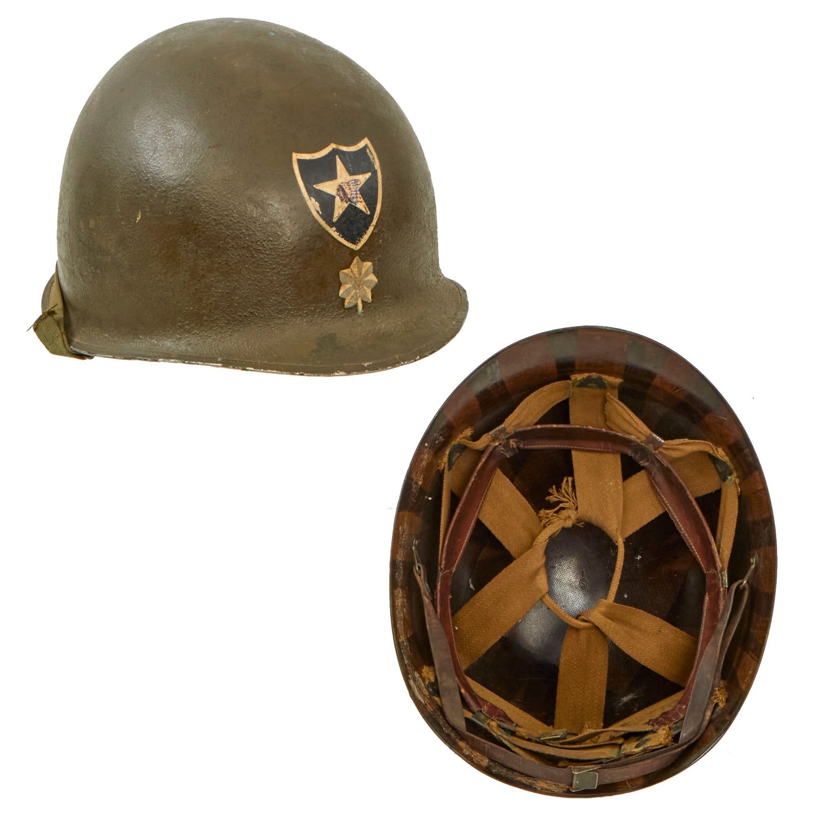 Buy Original U.S. WWII 2nd Infantry Division Painted Lieutenant Colonel’s 1943 M1 McCord Front Seam Fixed Bale Helmet with Seaman Paper Co Liner and “Follow Me” vertical Stripe | Original Firearms Antique For Sale