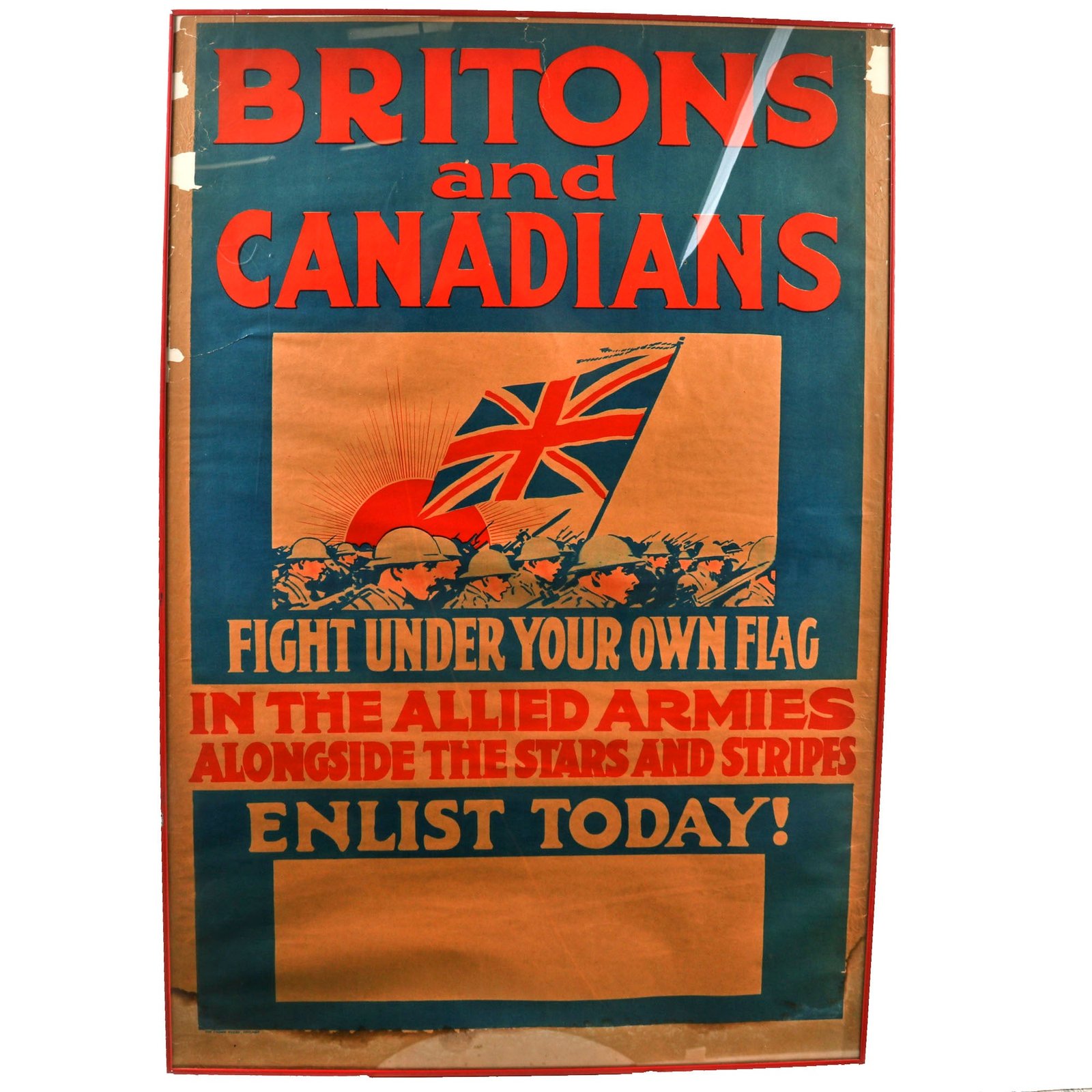 Buy Original Rare U.S. WWI "Britons and Canadians - Fight Under Your Own Flag" Recruitment Poster - 28" x 41" | Original Firearms Antique For Sale