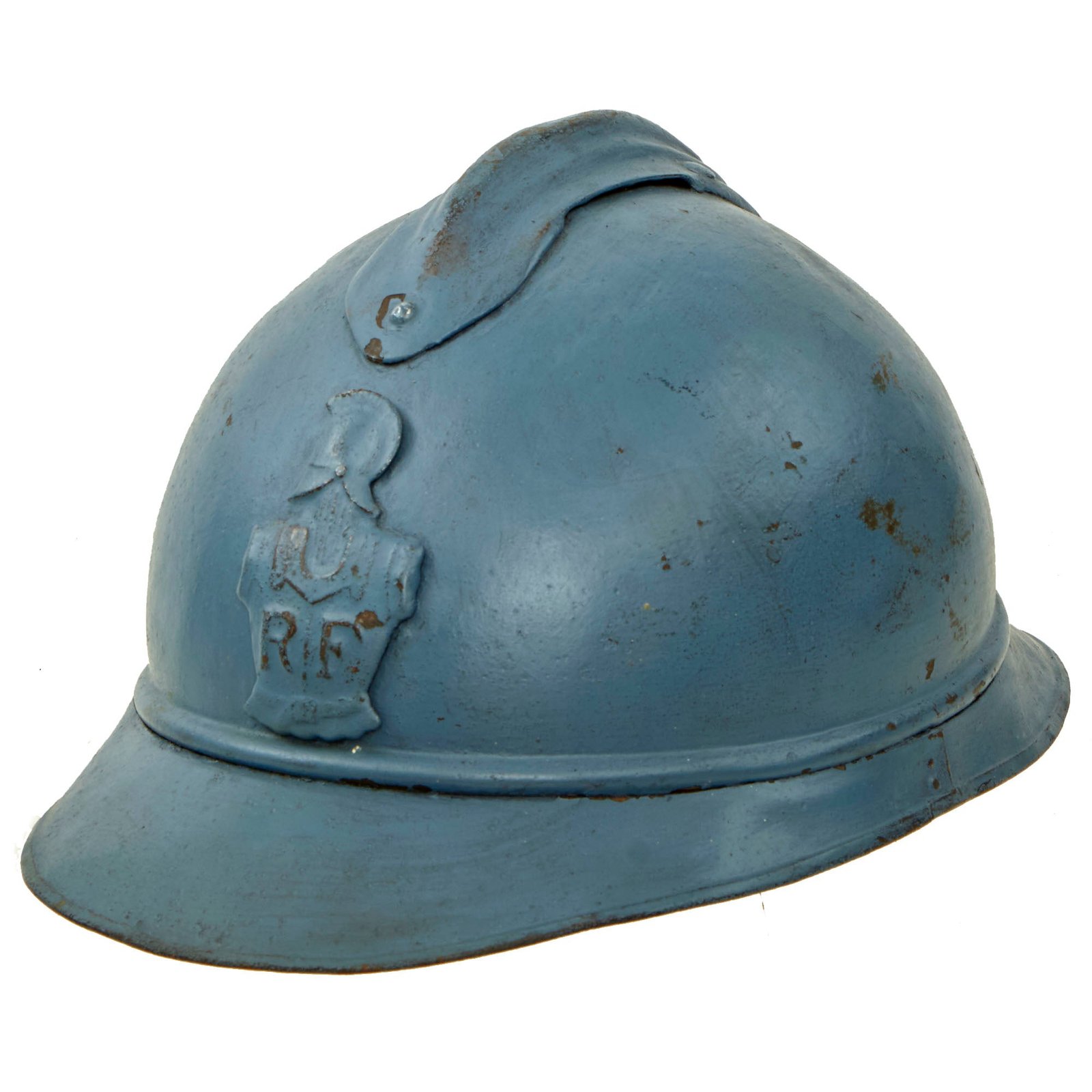 Buy Original French WWI Model 1915 Adrian Helmet in Horizon Blue with RF Engineer Badge & 2nd Pattern Liner | Original Firearms Antique For Sale