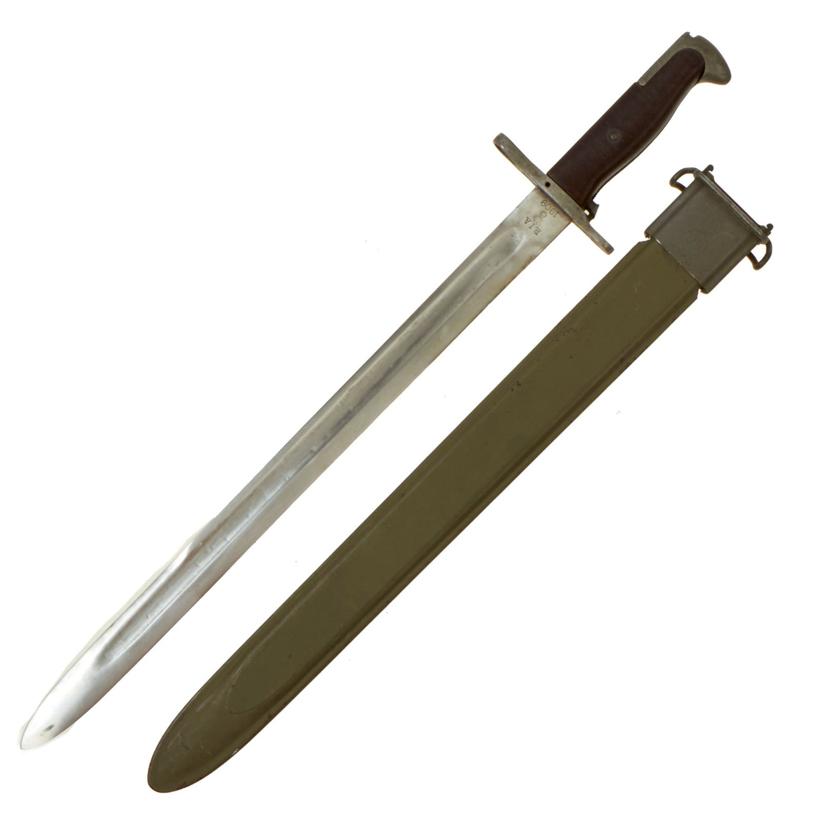 Buy Original U.S. WWI & WWII M1905 Springfield 16" Rifle Bayonet marked R.I.A. with Rare CAB Grips and M3 Scabbard - dated 1909 | Original Firearms Antique For Sale