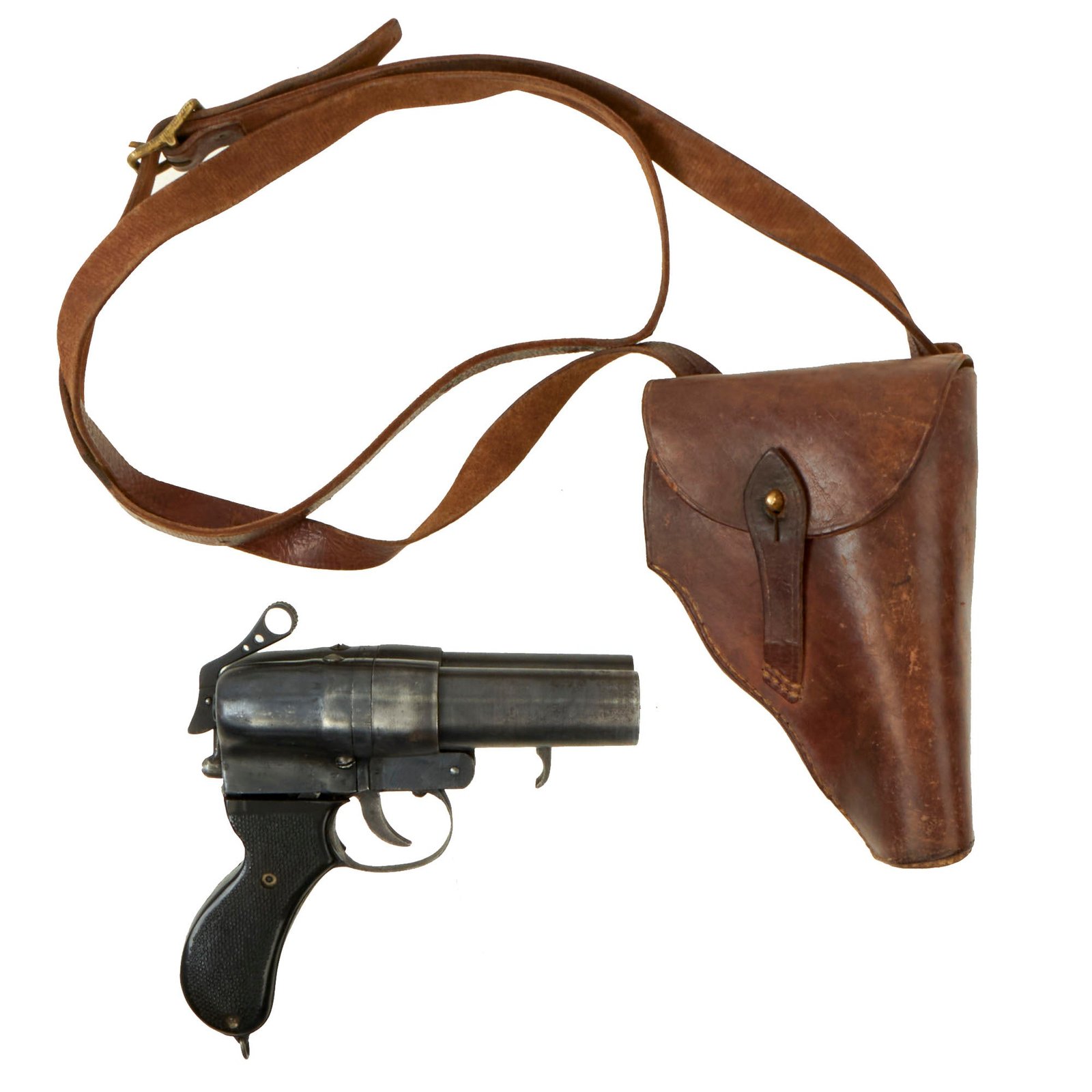 Buy Original Chinese Korean War Era Japanese Type 90 Double Barrel Flare Pistol With Leather Holster and Shoulder Strap - Chinese Made Variant | Original Firearms Antique For Sale