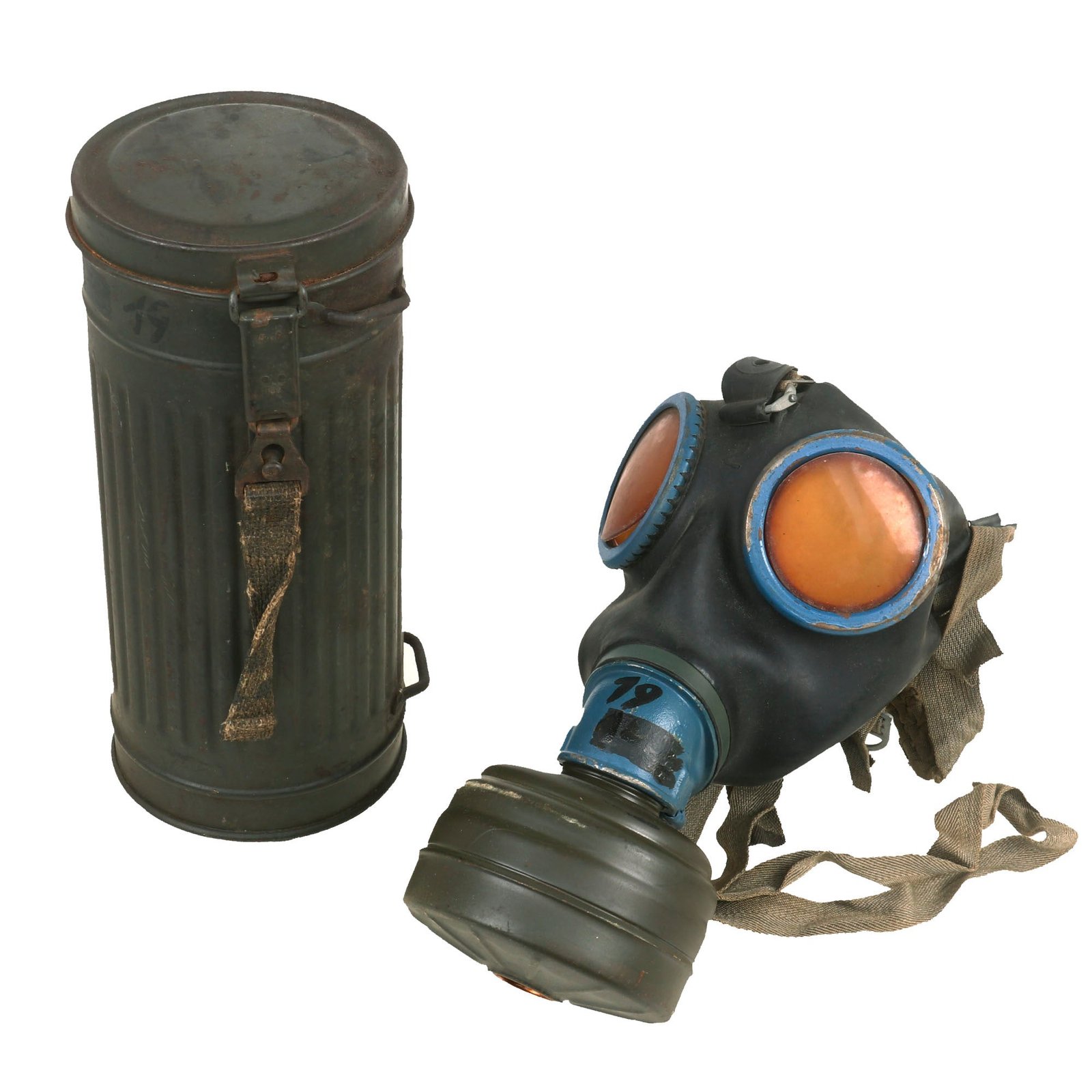 Buy Original German WWII Named M30 3rd Model Size 2 Gas Mask with Fe 41 Filter and Canister by Radium Gummiwerke mbH - Dated 1943 | Original Firearms Antique For Sale
