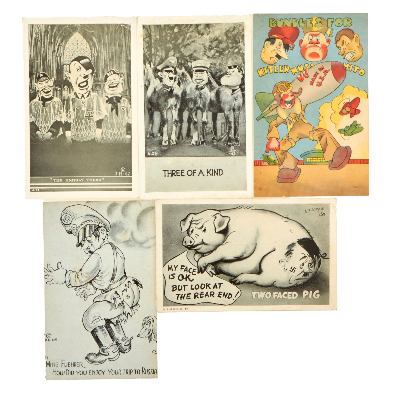 Buy Original WWII Anti-Axis Political Cartoon Illustration Postcards - Set of 5 | Original Firearms Antique For Sale
