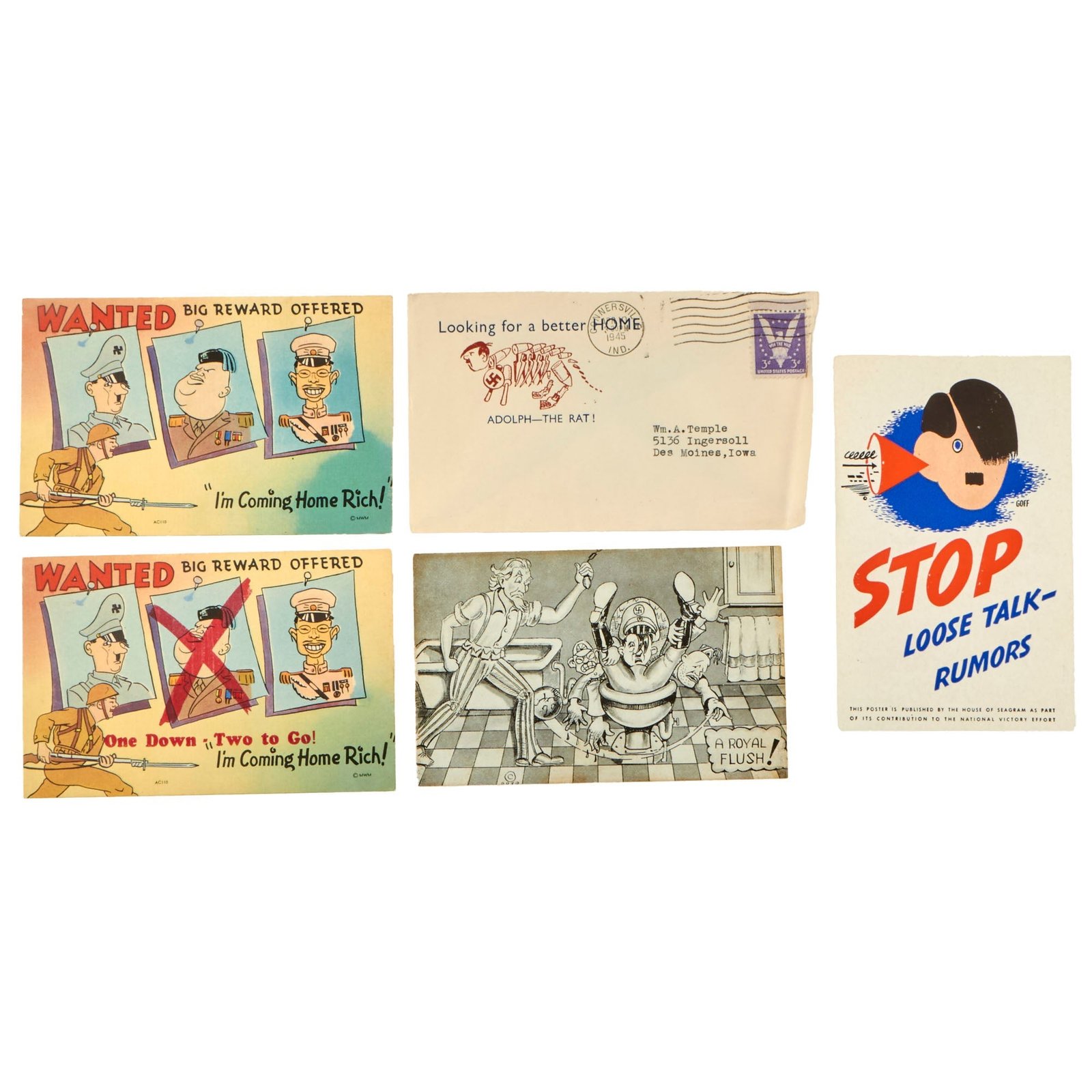 Buy Original WWII Anti-Axis Political Cartoon Illustration Postcards - Set of 4 Postcards & 1 Envelope | Original Firearms Antique For Sale
