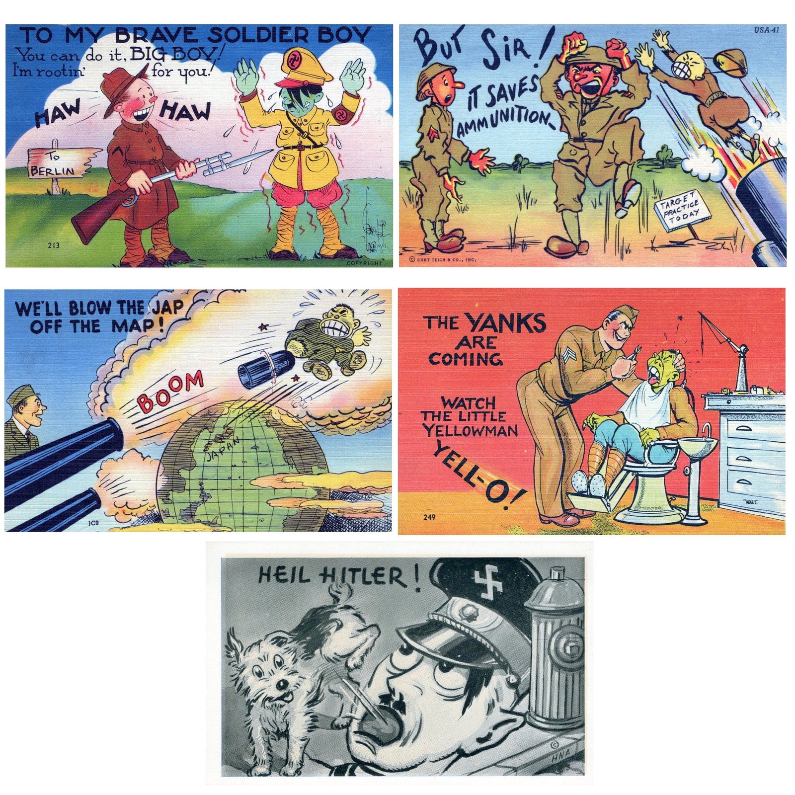 Buy Original WWII Anti-Axis Political Cartoon Illustration Postcards - Set of 5 | Original Firearms Antique For Sale