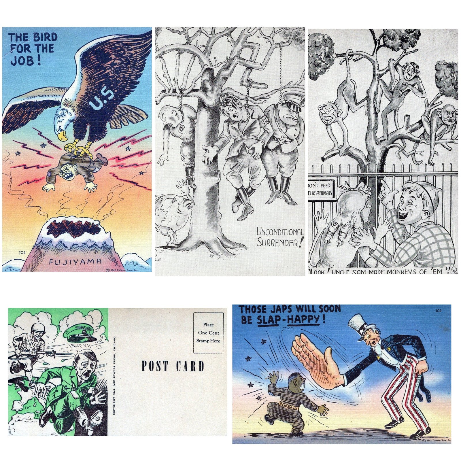 Buy Original WWII Anti-Axis Political Cartoon Illustration Postcards - Set of 5 | Original Firearms Antique For Sale