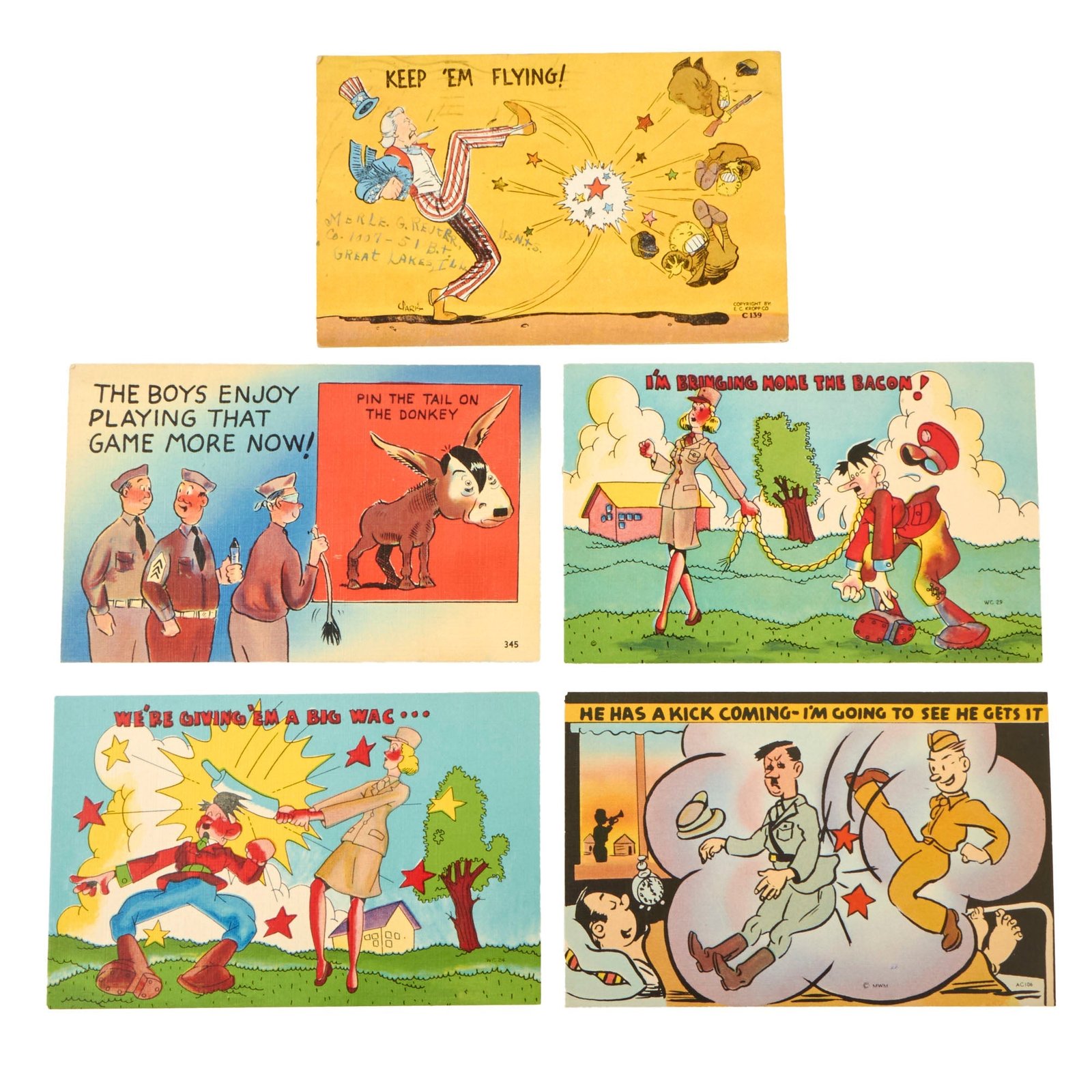 Buy Original WWII Anti-Axis Political Cartoon Illustration Postcards - Set of 5 | Original Firearms Antique For Sale