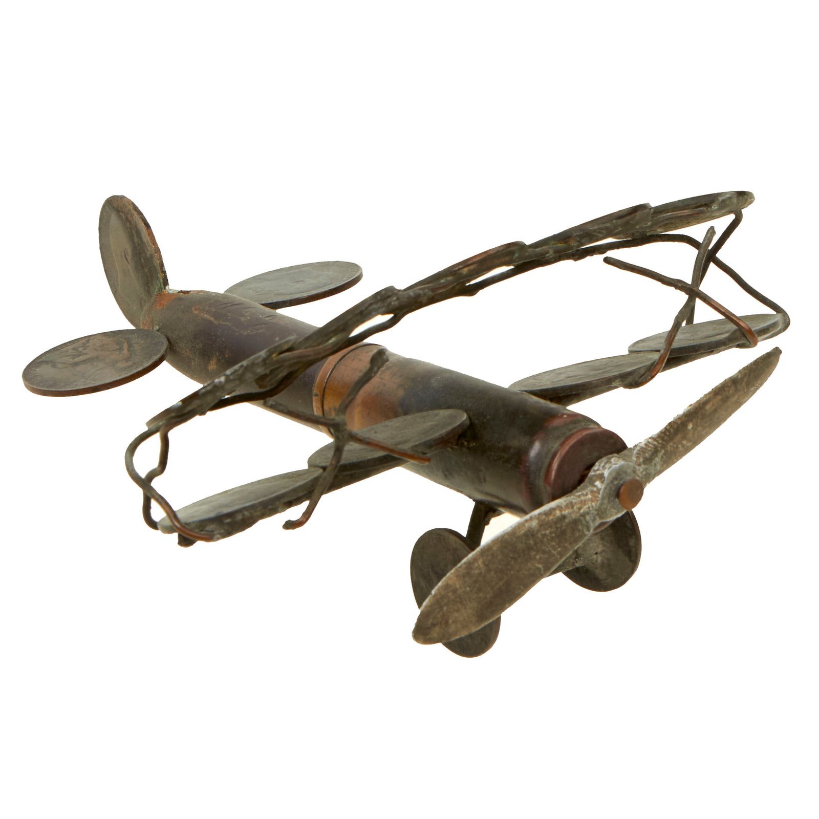 Buy Original British WWI Trench Art Biplane Constructed From Coins and Inert Large Caliber Round As Featured In The Book “Trench Art, An Illustrated History” by Jane Kimball on Page 171 | Original Firearms Antique For Sale