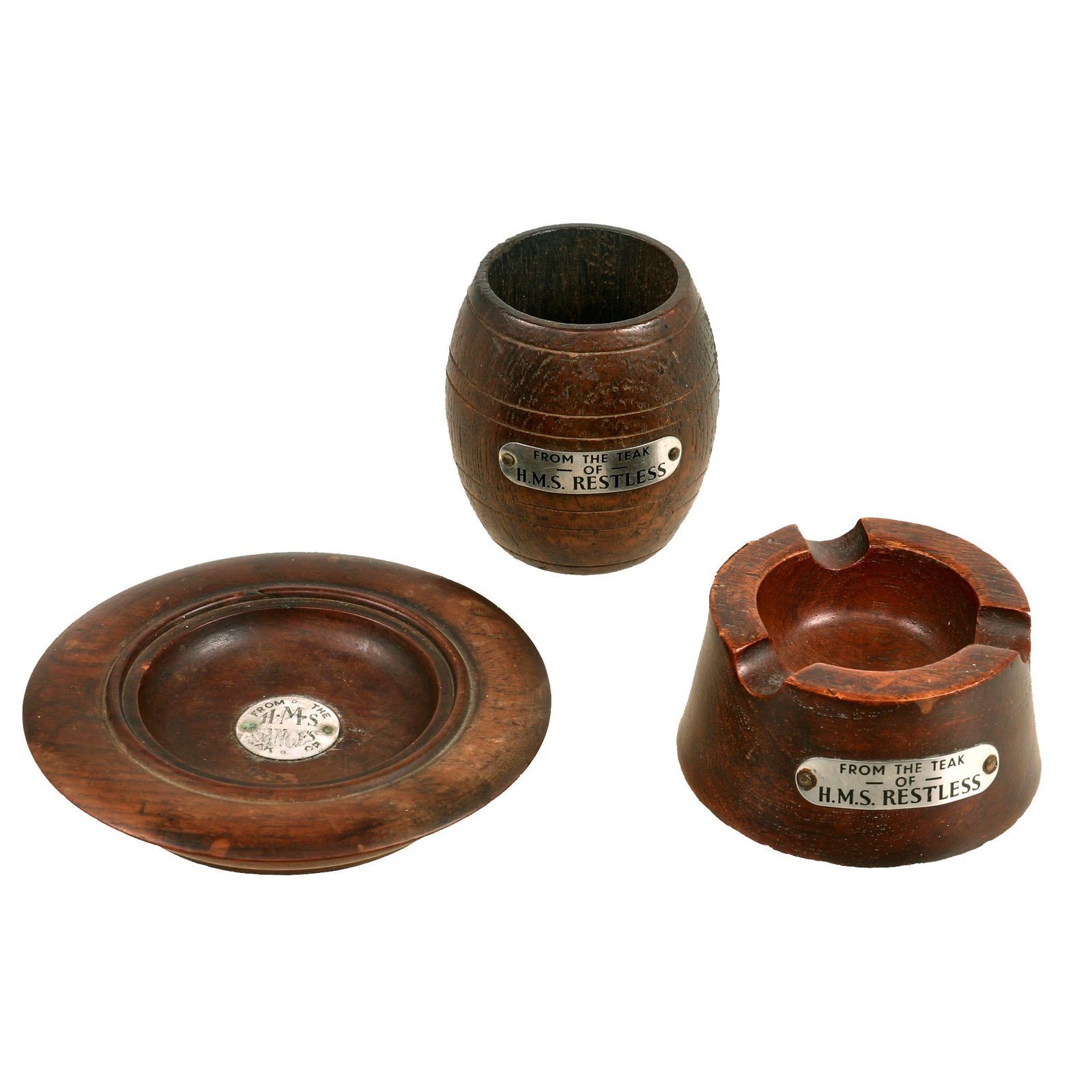 Buy Original British Royal Navy H.M.S. Restless and H.M.S. Ganges Ship's Teak Miniature Barrel, Ashtray and Dish Collection | Original Firearms Antique For Sale