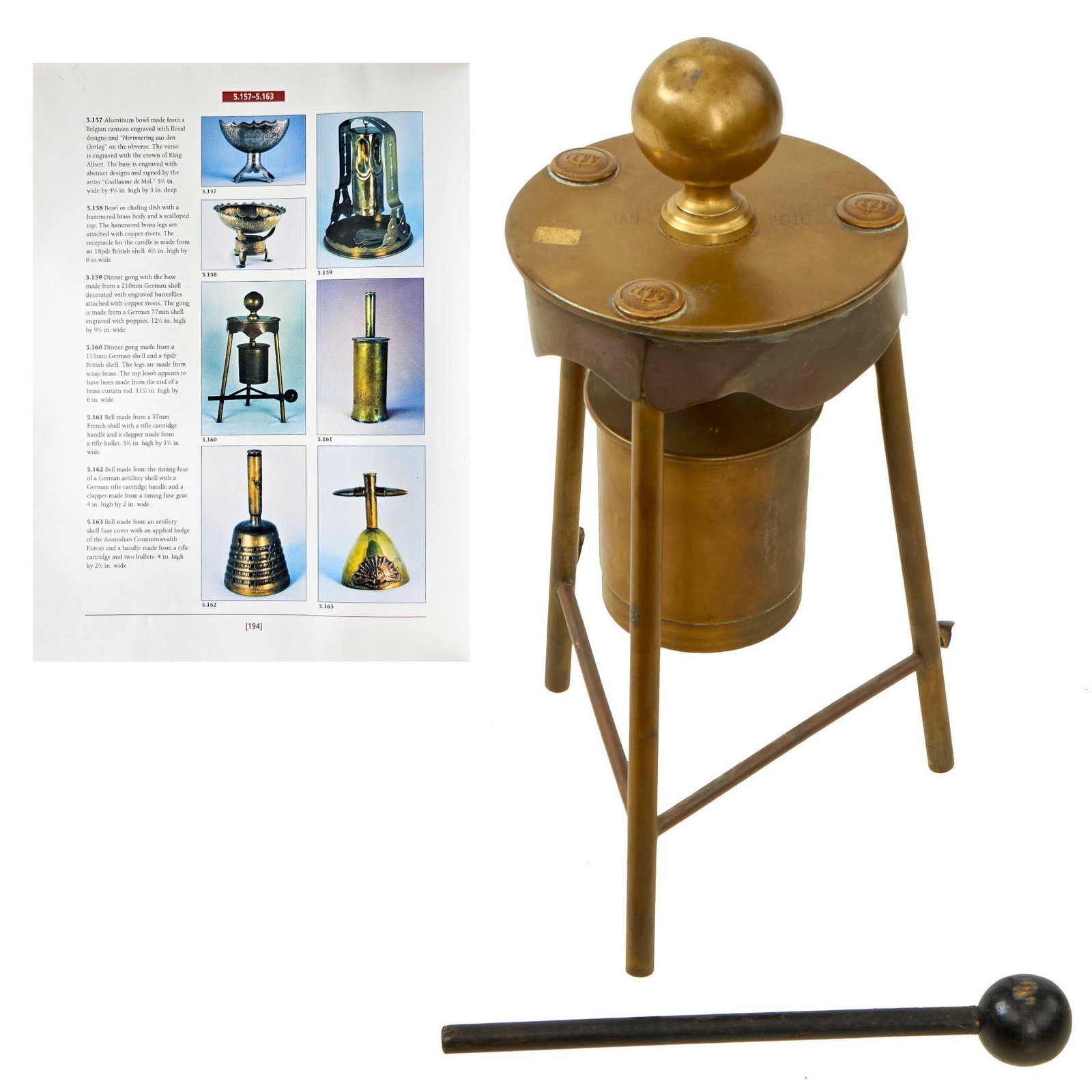 Buy Original German WWI Trench Art “Dinner Gong” Made From Scrap Artillery Shell Brass As Featured In The Book “Trench Art, An Illustrated History” by Jane Kimball on Page 194 | Original Firearms Antique For Sale