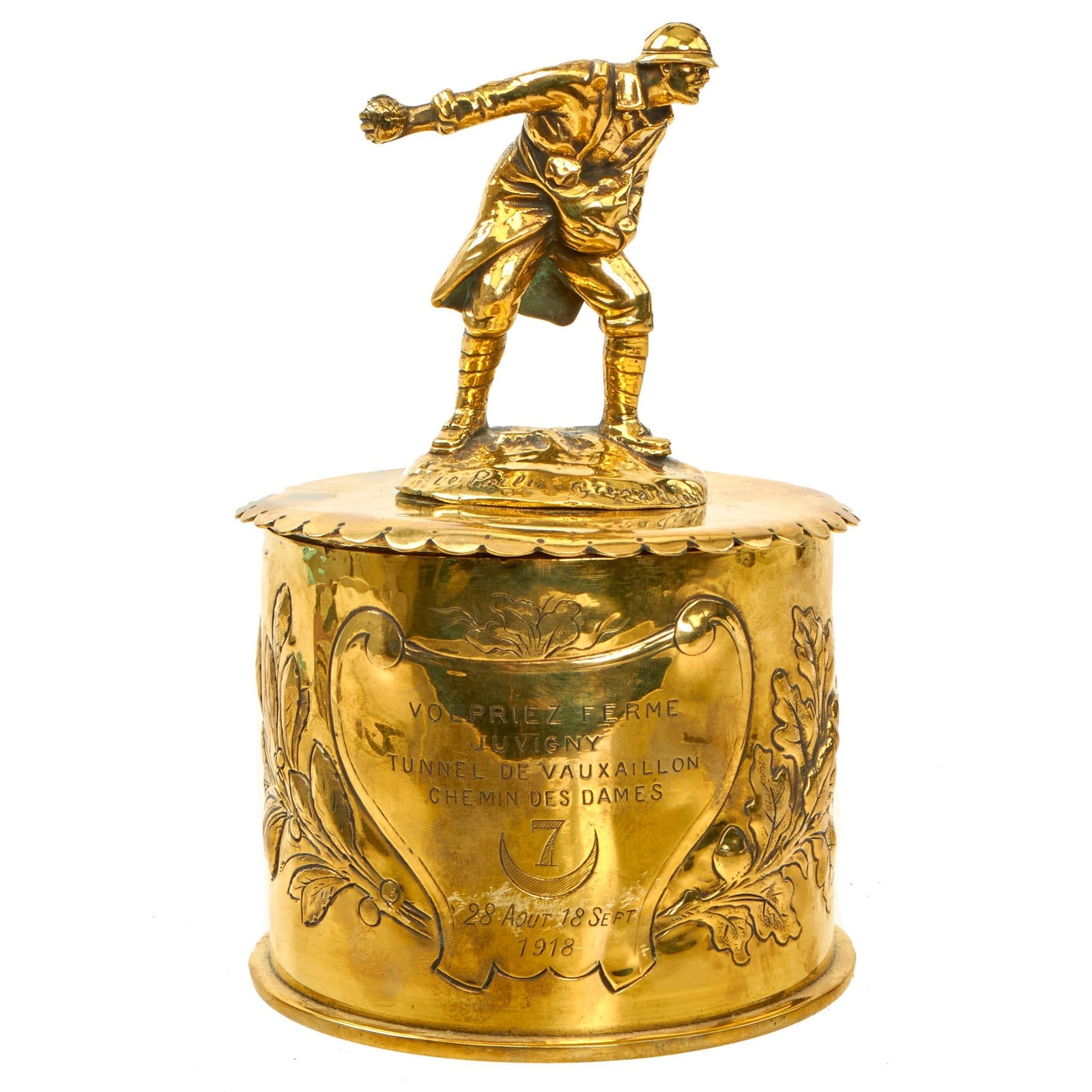 Buy Original French WWI 7th Zouaves Régiment “Le Poilu” Grenadiers Trench Art Tobacco Can - Chemin des Dames Tunnel | Original Firearms Antique For Sale