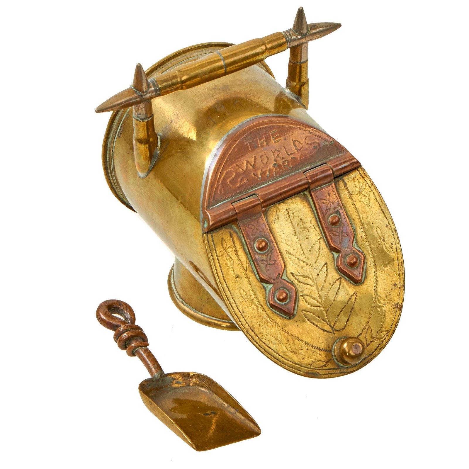 Buy Original U.S. WWI Trench Art Brass 75mm Shell Casing Sugar Container With Scoop, As Featured In The Book “Trench Art, An Illustrated History” by Jane Kimball on Page 196 | Original Firearms Antique For Sale