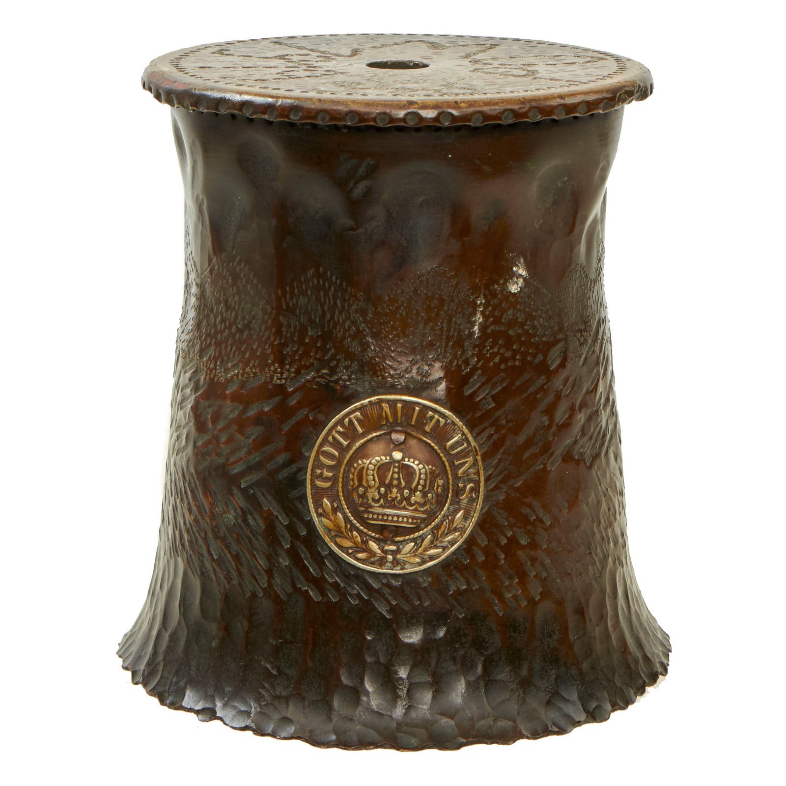 Buy Original WWI German POW Trench Art Brass 115mm Shell Casing Vase With “Gott Mit Uns” Buckle roundel Applied, As Featured In The Book “Trench Art, An Illustrated History” by Jane Kimball on Page 263 | Original Firearms Antique For Sale