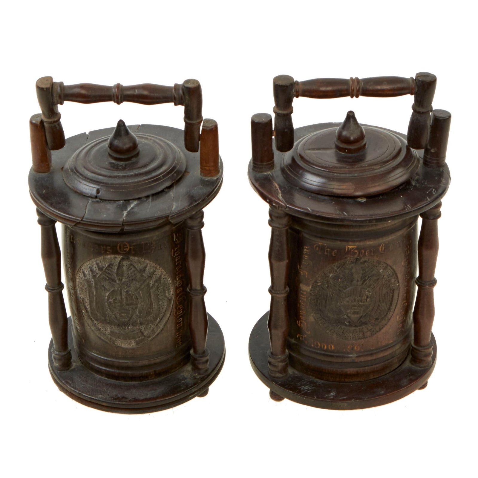Buy Original Prisoner of War Boer Wars Carved “Trench Art” Wooden Tobacco Humidor Barrels Carved by Boer Prisoner, Diyatalawa Ceylon Camp, As Featured In The Book “Trench Art, An Illustrated History” by Jane Kimball on Page 21 - 2 Items | Original Firearms Antique For Sale