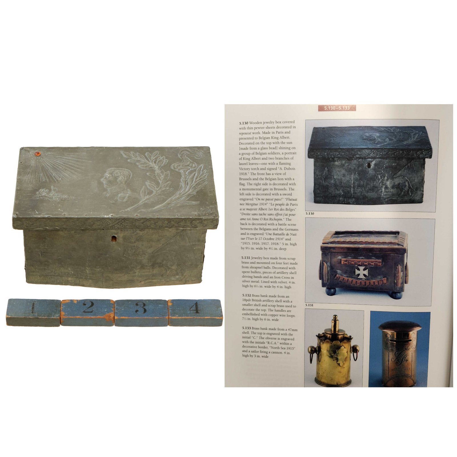 Buy Original French WWI French Made Repoussé Pewter/Wood Belgian King Albert Commemorative Chest With Key - Featured In The Book “Trench Art, An Illustrated History” by Jane Kimball on Page 188 | Original Firearms Antique For Sale