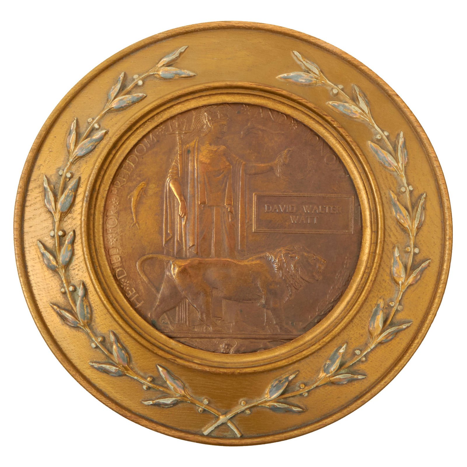 Buy Original British WWI Framed KIA Death Penny Soldier Memorial As Featured In The Book “Trench Art, An Illustrated History” by Jane Kimball on Page 310- David Walter Watt | Original Firearms Antique For Sale