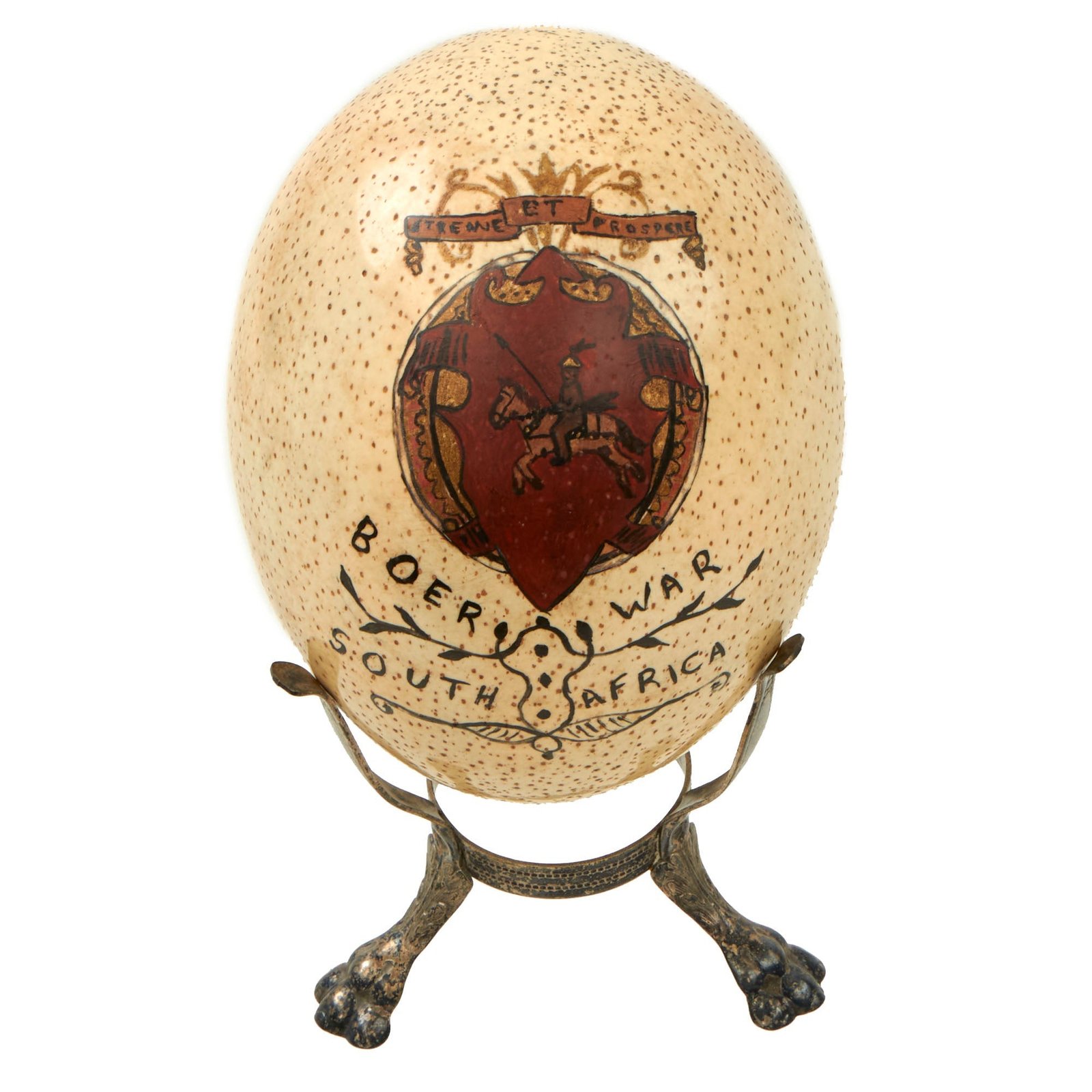 Buy Original British South Africa Boer War Painted Souvenir Ostrich Egg On Silver Display Stand | Original Firearms Antique For Sale