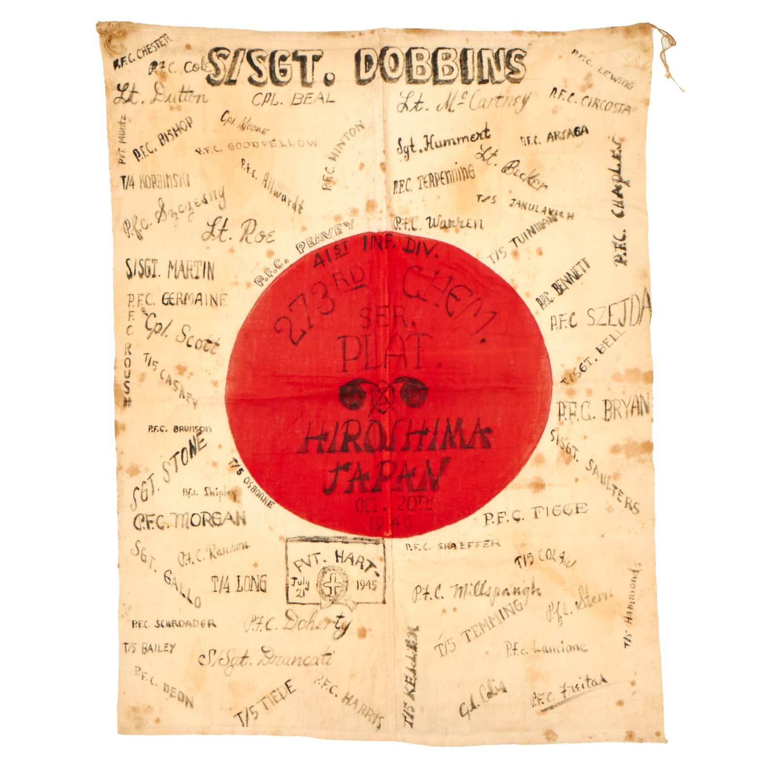Buy Original U.S. WWII Japanese Occupation Hiroshima 1945 273rd Chemical Service Platoon Signed Japanese Flag - 31” x 24” | Original Firearms Antique For Sale