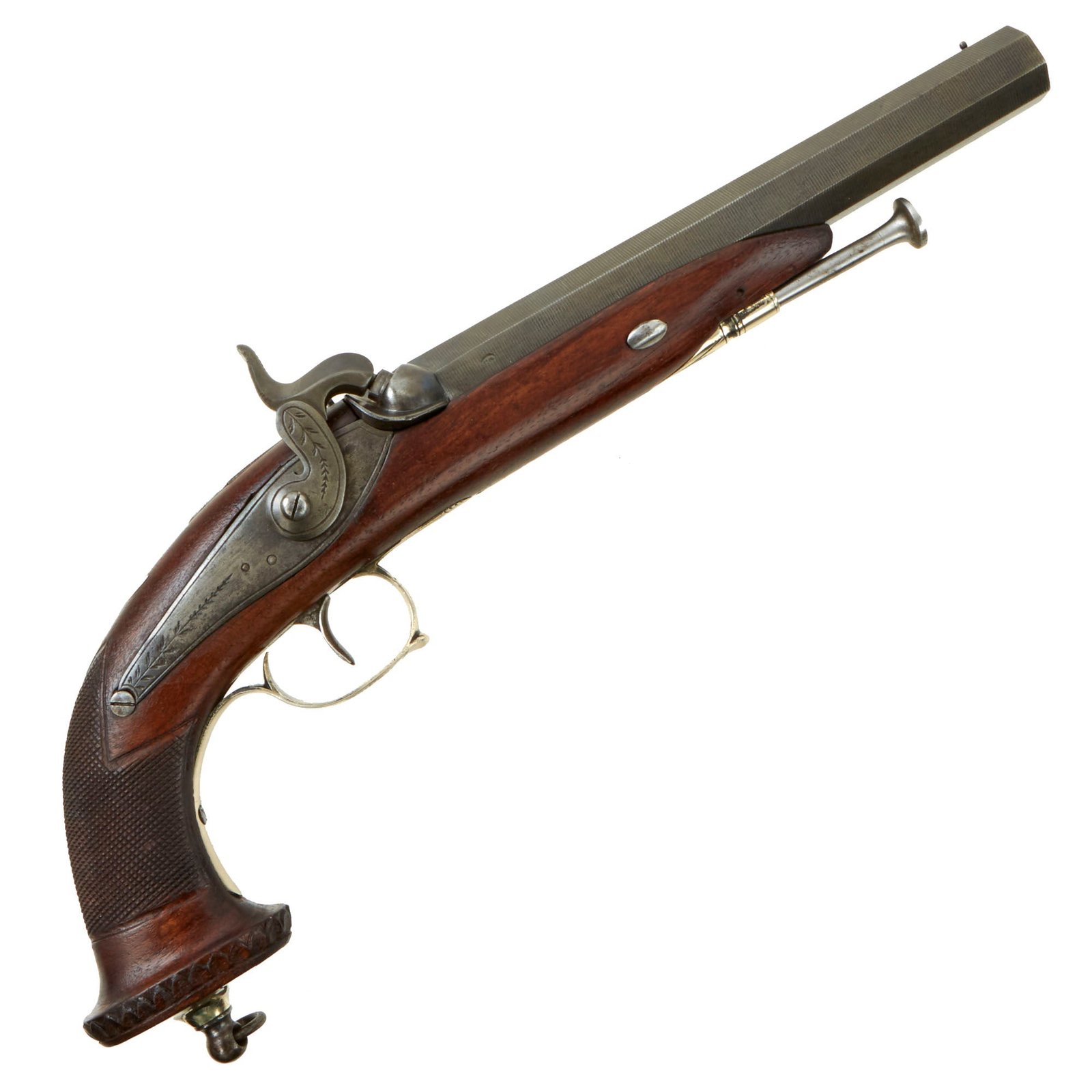 Buy Original Belgian Large Bore Silver Mounted French Style Percussion Pistol with Faux Damascus Barrel - circa 1830 | Original Firearms Antique For Sale