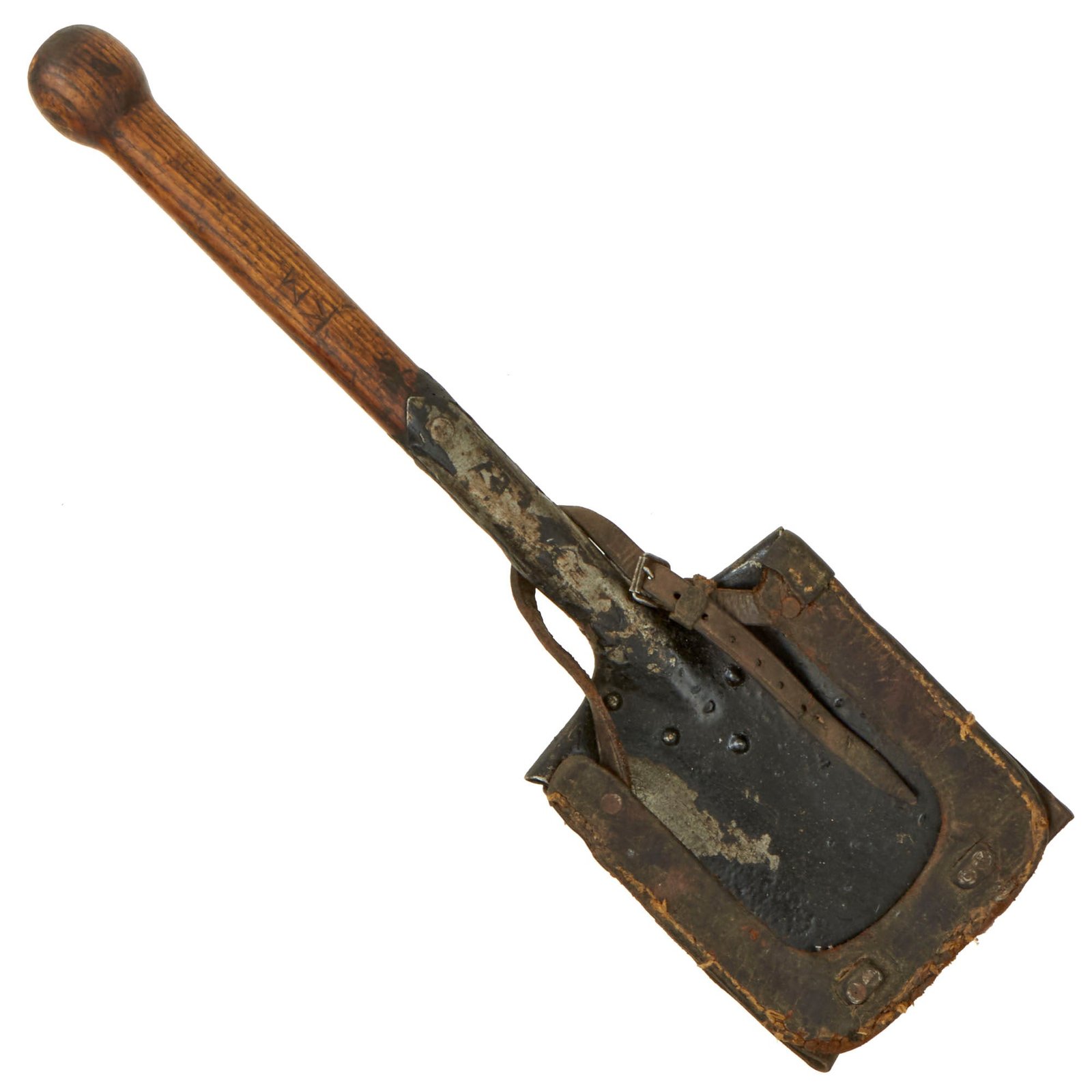 Buy Original German WWI Era Short Entrenching Tool Shovel with WWII Leather Carrier - Service Worn | Original Firearms Antique For Sale