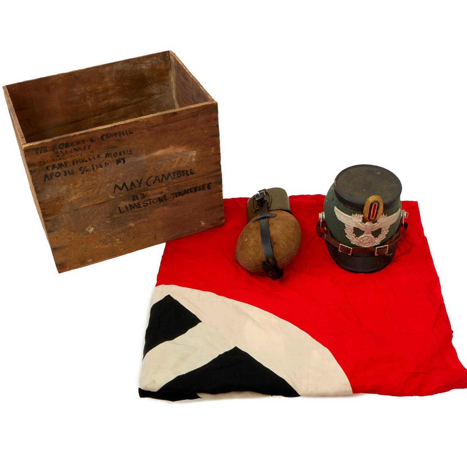 Buy Original German WWII Metropolitan Police Shako by Hans Römer, Canteen Rig & NSDAP Banner Flag in Named USGI Bring Back Box | Original Firearms Antique For Sale